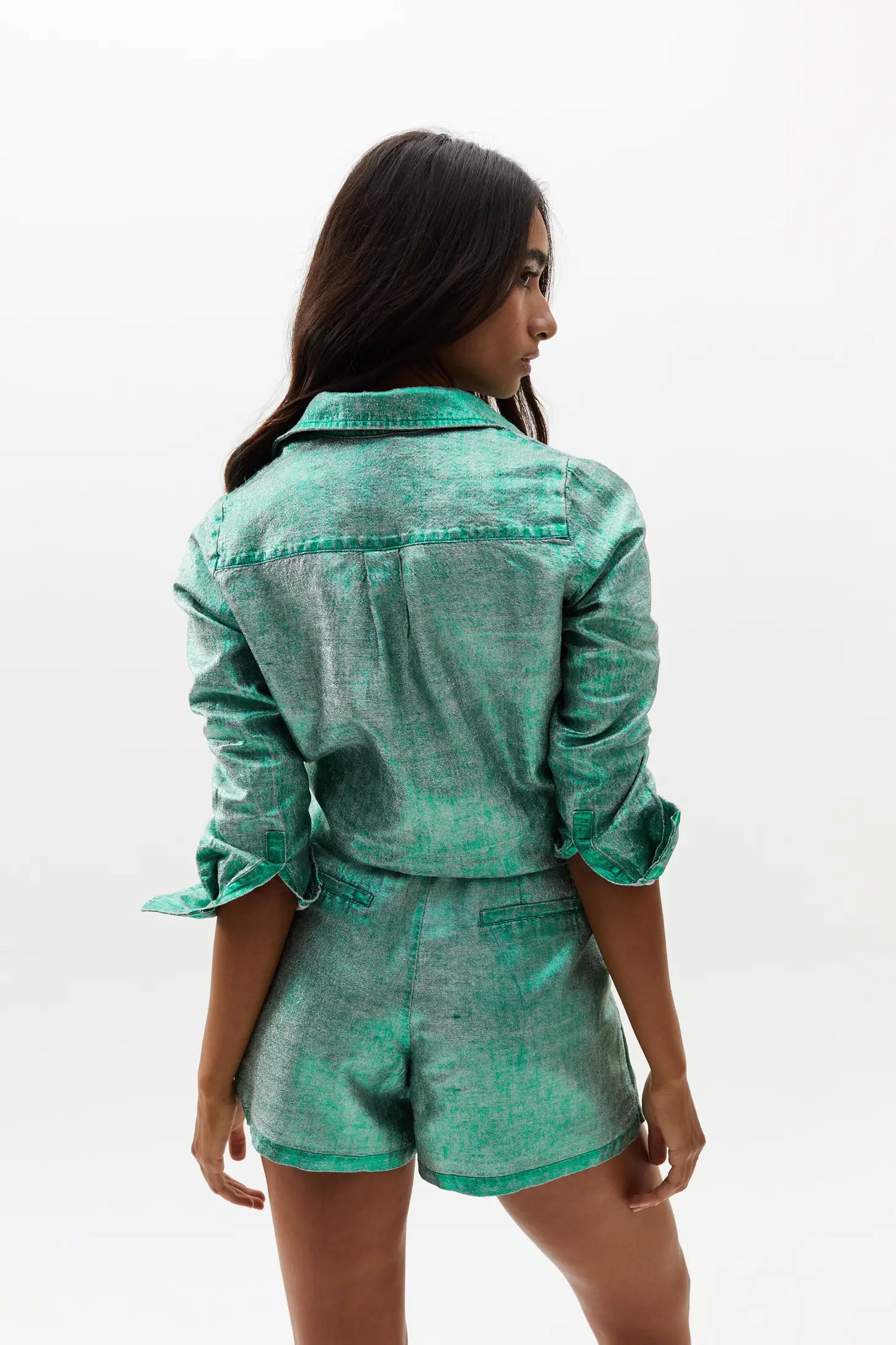 Green Metallic Linen Shorts