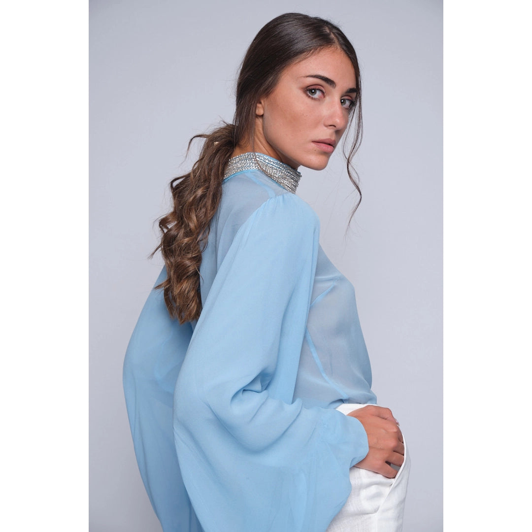 Silk Rhinestone Collar Blouse