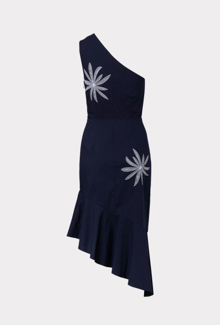 One Shoulder Embroidered Poplin Dress