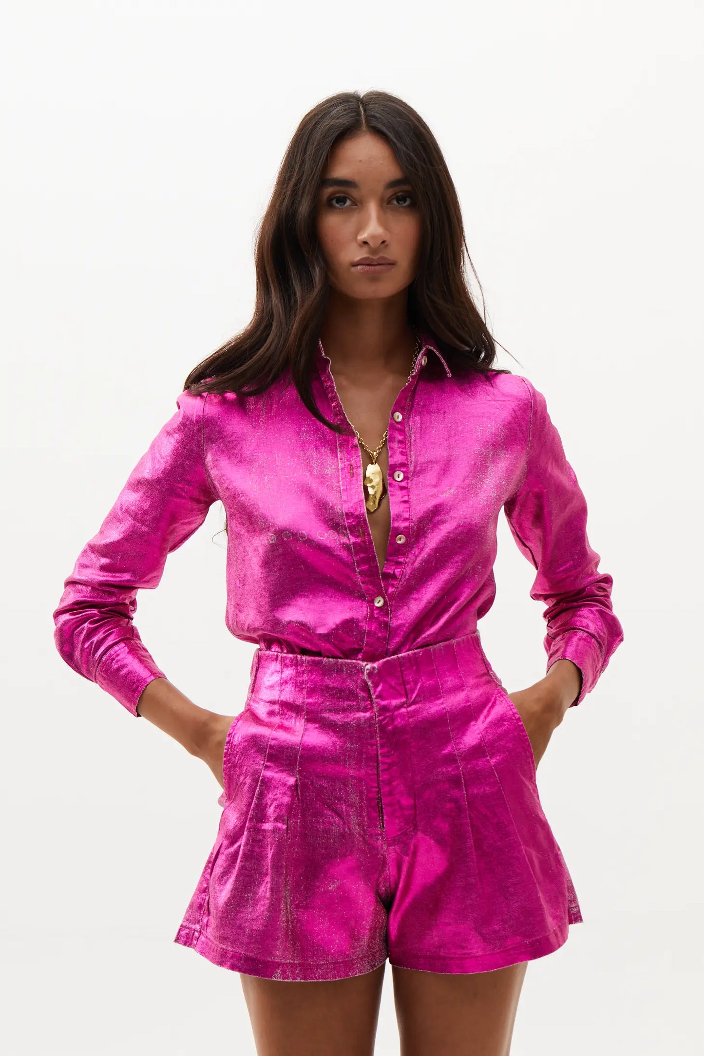 Fuchsia Metallic Linen Shorts