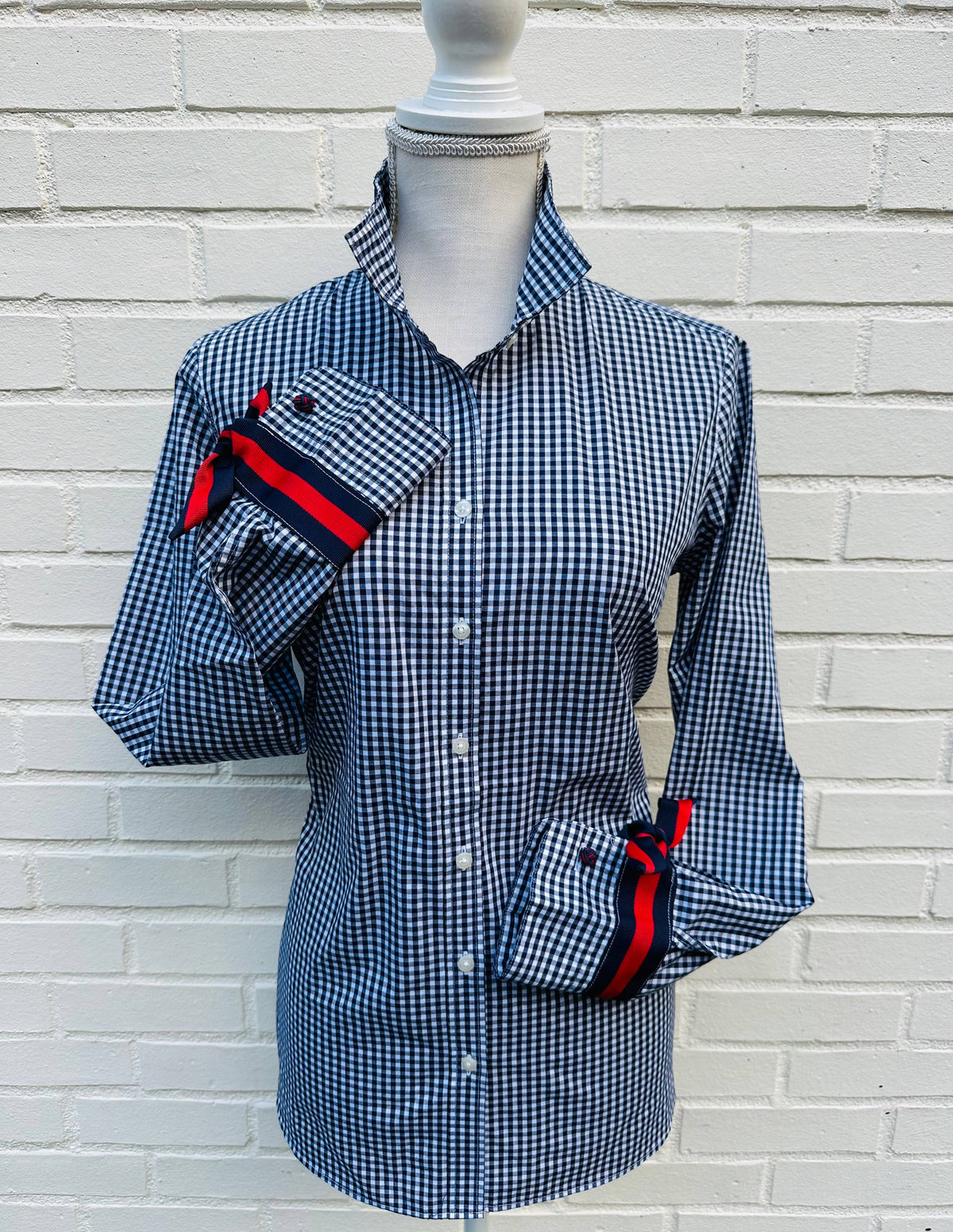 Navy Gingham w/Navy & Red Stripe Ribbon