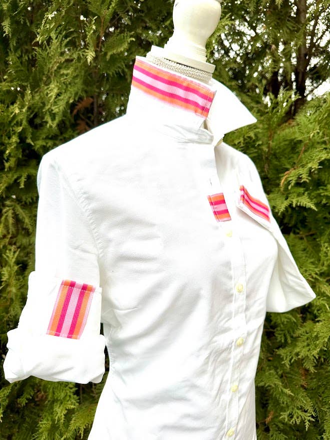 White Oxford w/Pink & Orange Stripe Ribbon