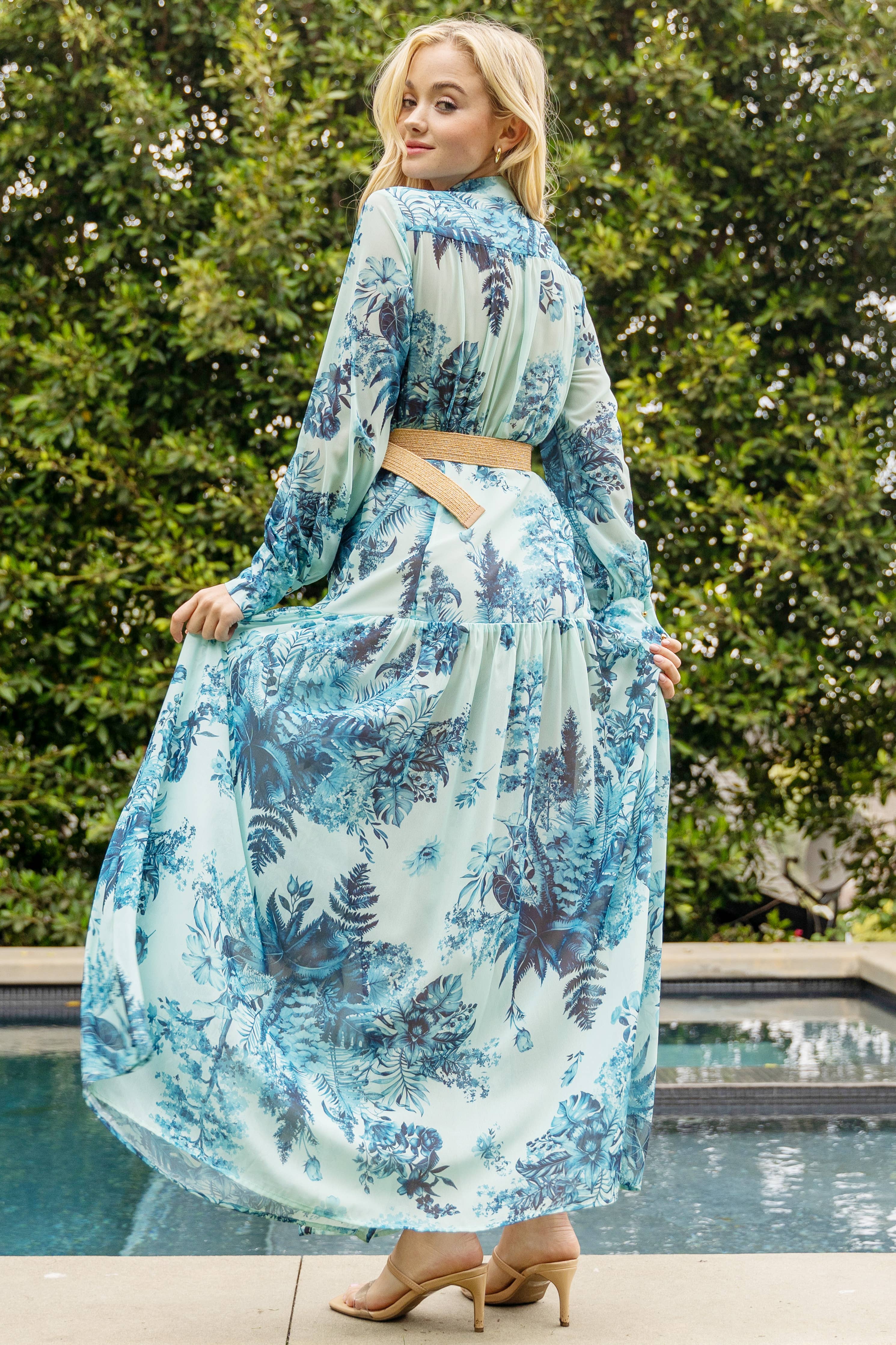 Long, Flowing Dress with Blue and Green Fern Pattern
