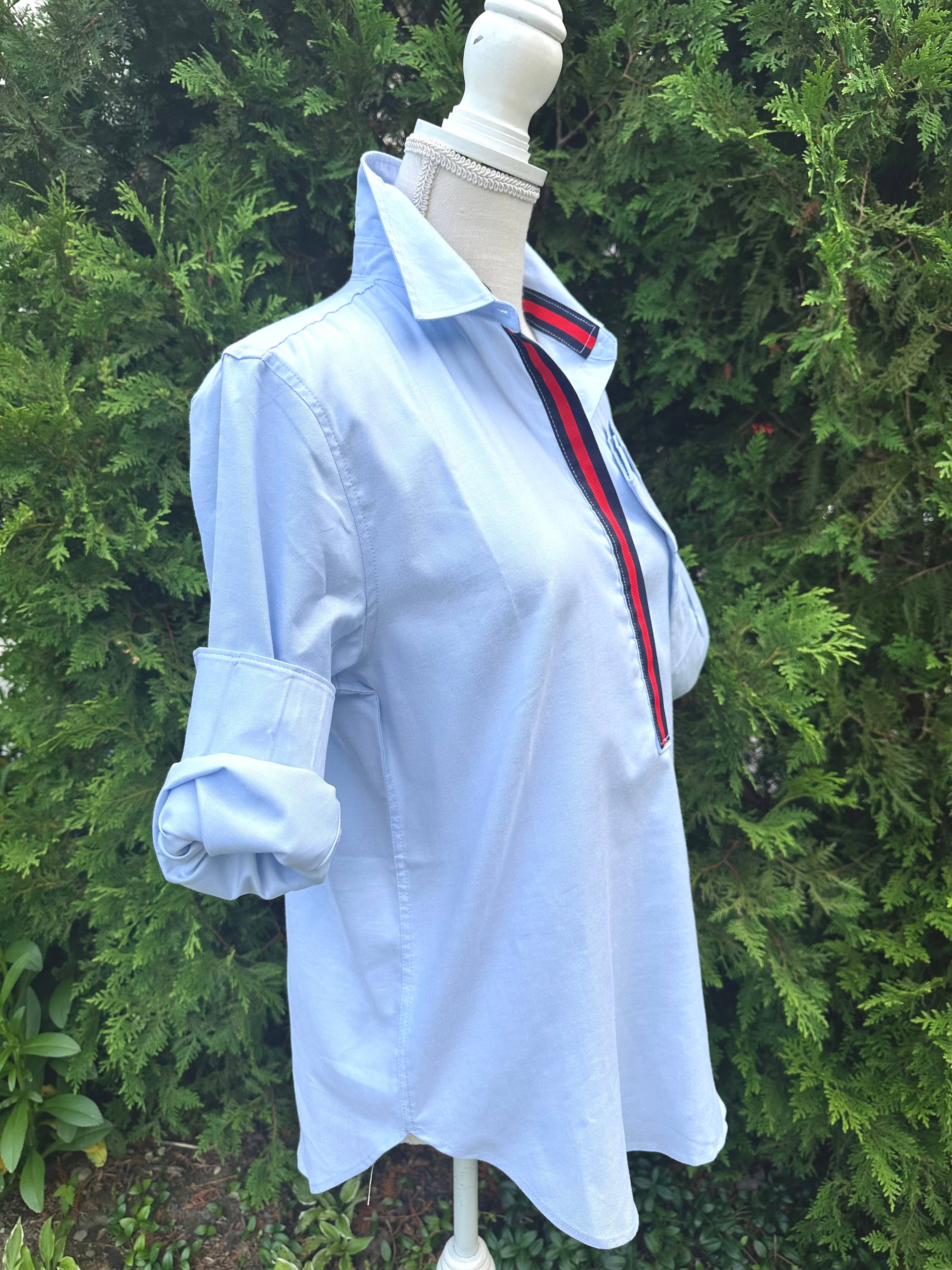 Dorothy  2 Ribbon Tunic - Blue w Navy & Red Ribbon
