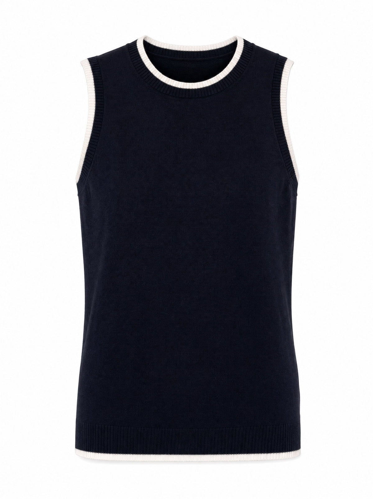 Cotton Silk Blend Crew Nk Tank W/Fox Tipping in navy blue, front view