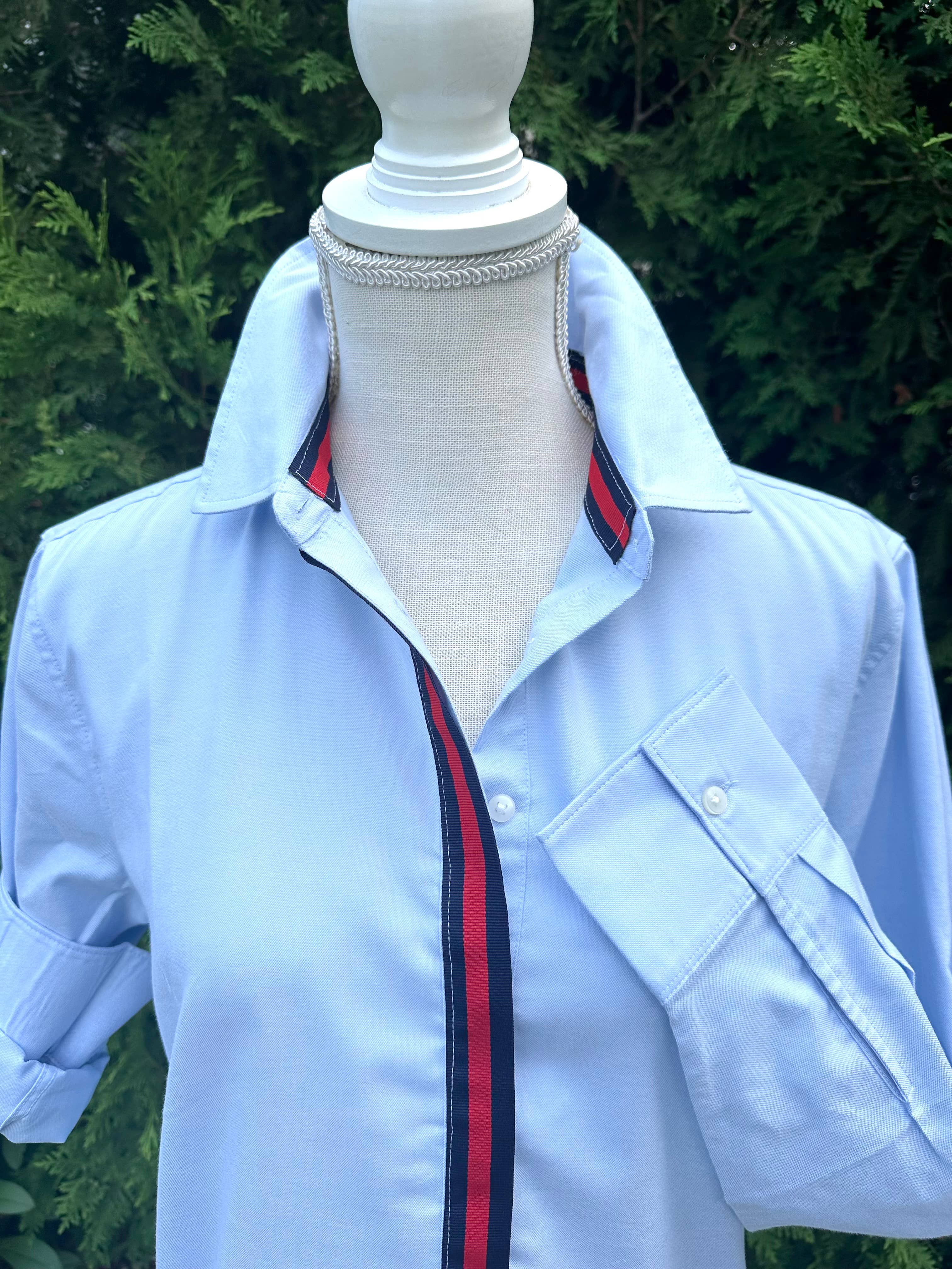 Dorothy  2 Ribbon Tunic - Blue w Navy & Red Ribbon