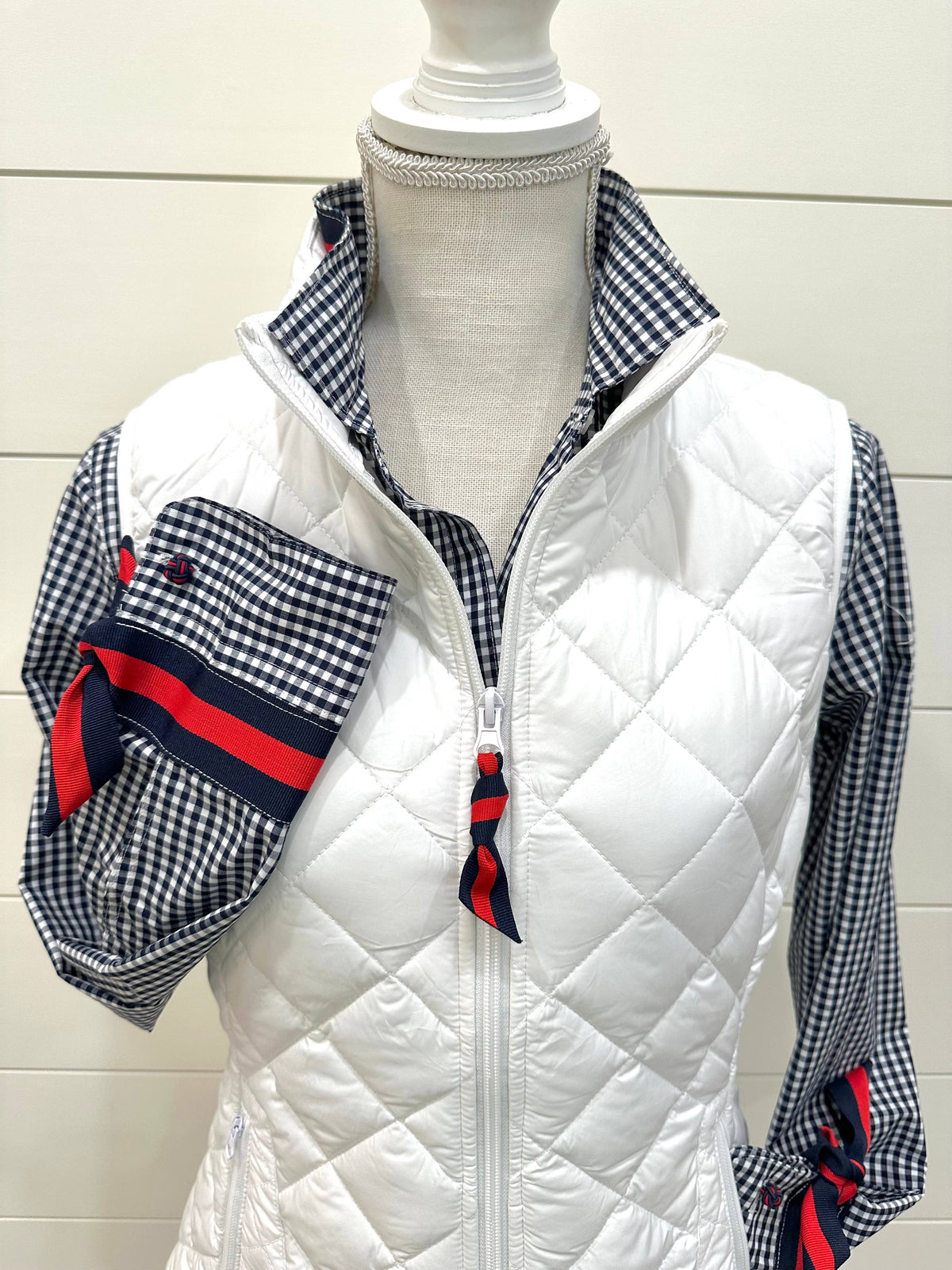 Navy Gingham w/Navy & Red Stripe Ribbon