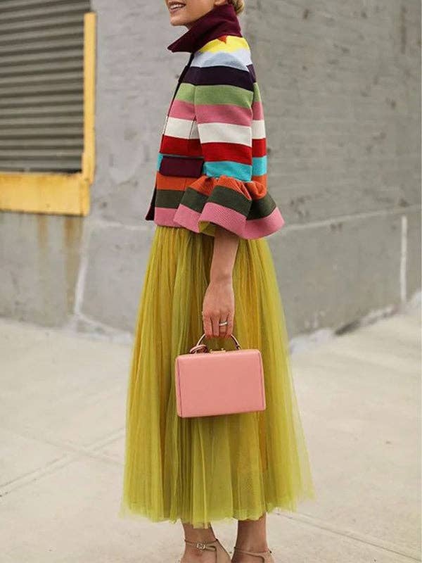 Puff Sleeve Striped Lapel Blouse – Multi-Colored