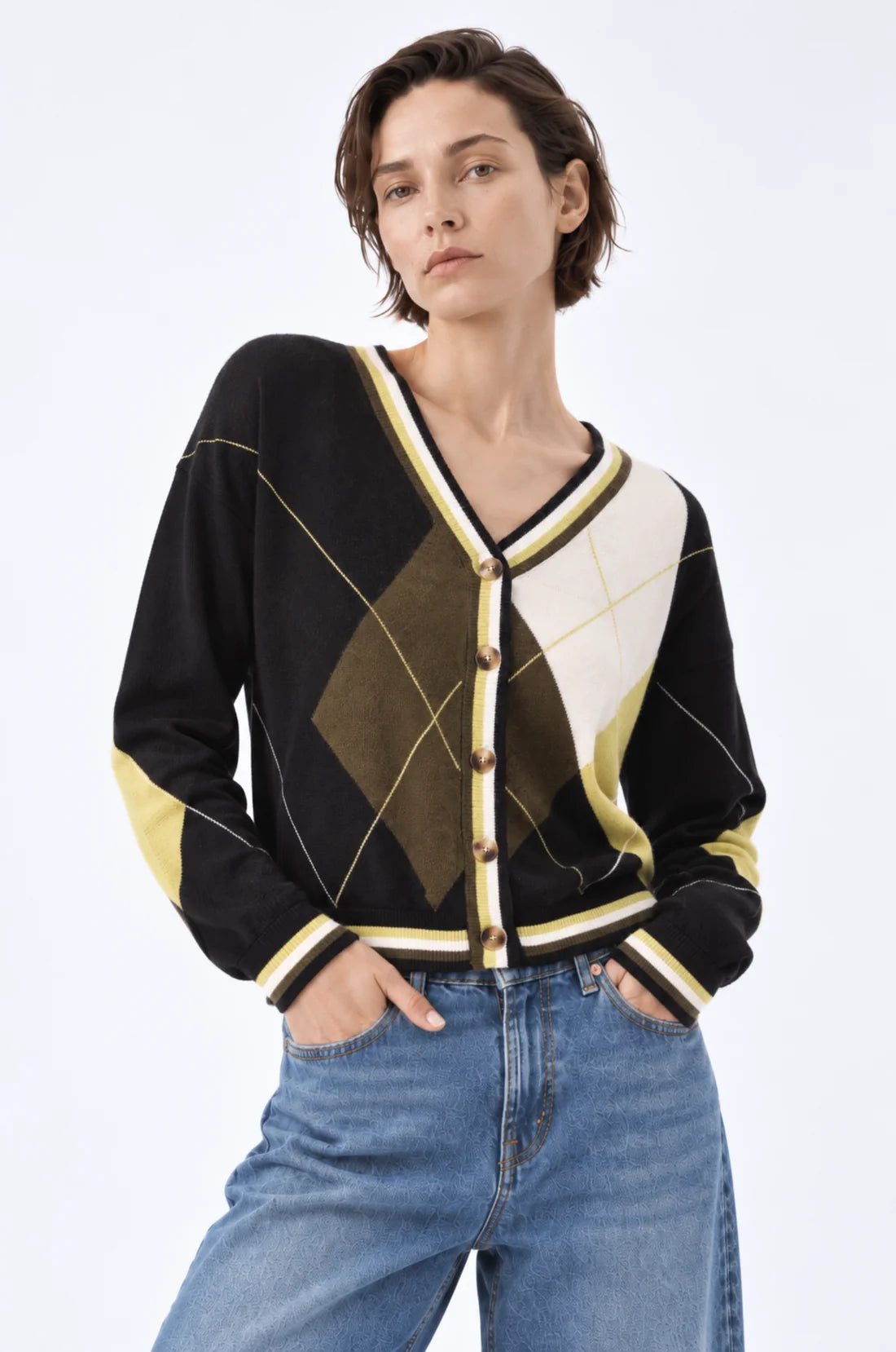 LS Argyle Cardigan Black/Green