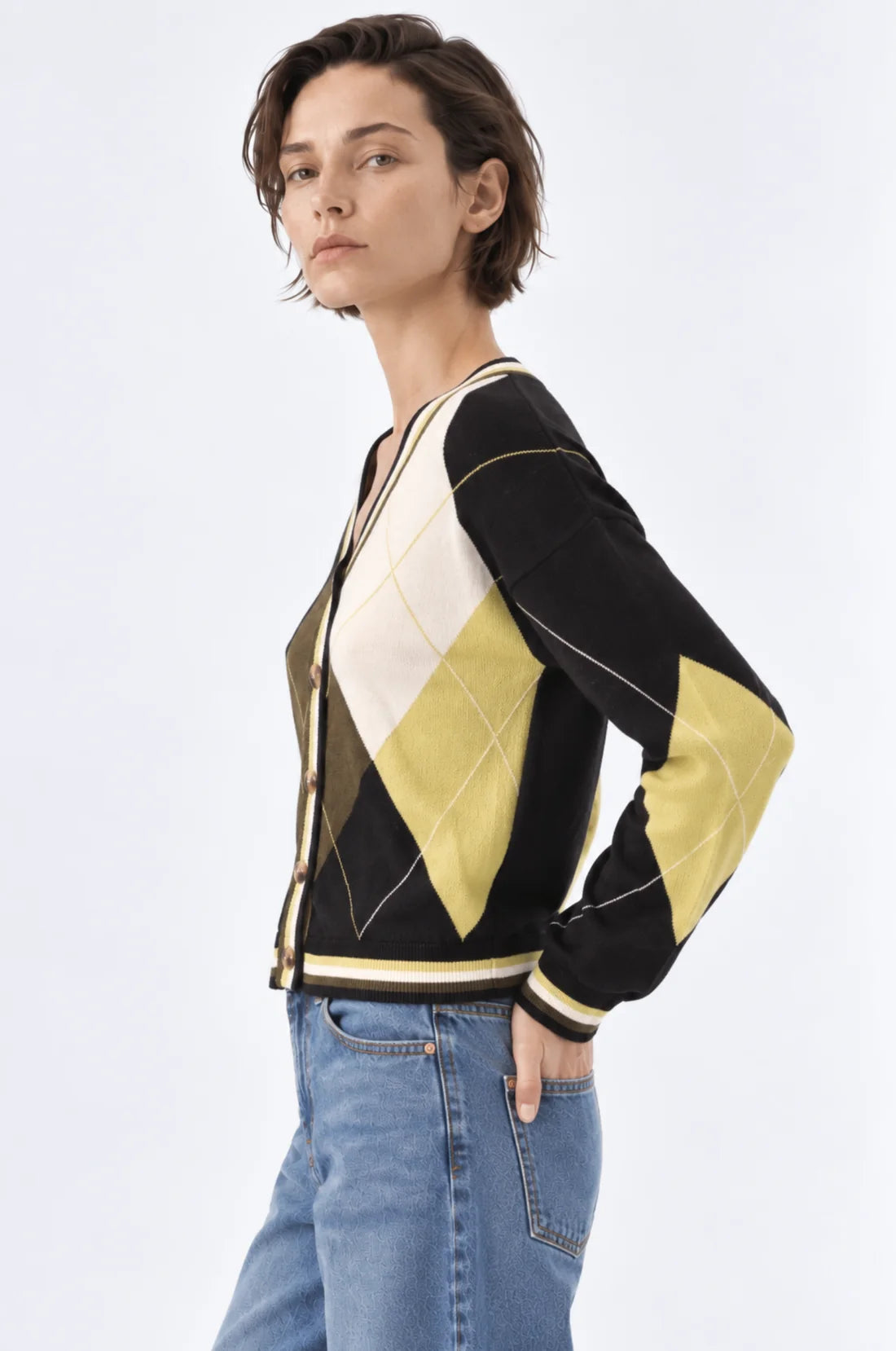 LS Argyle Cardigan Black/Green