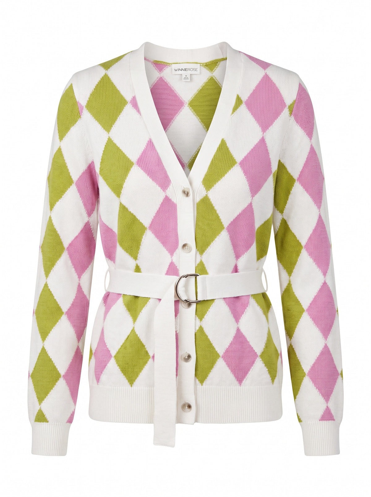 Cotton Cashmere Argyle Belted Cardigan, front view