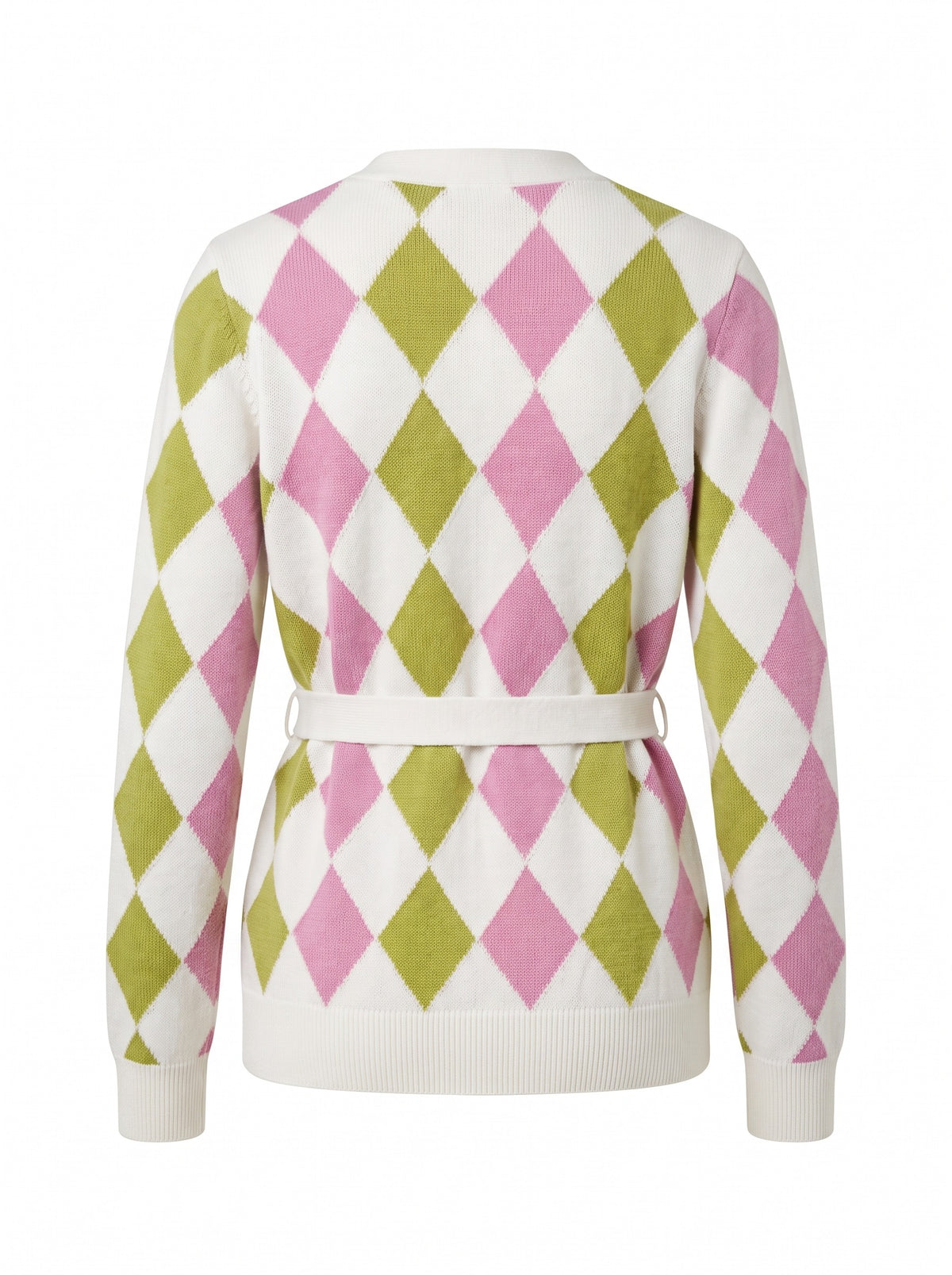 Cotton Cashmere Argyle Belted Cardigan, back view