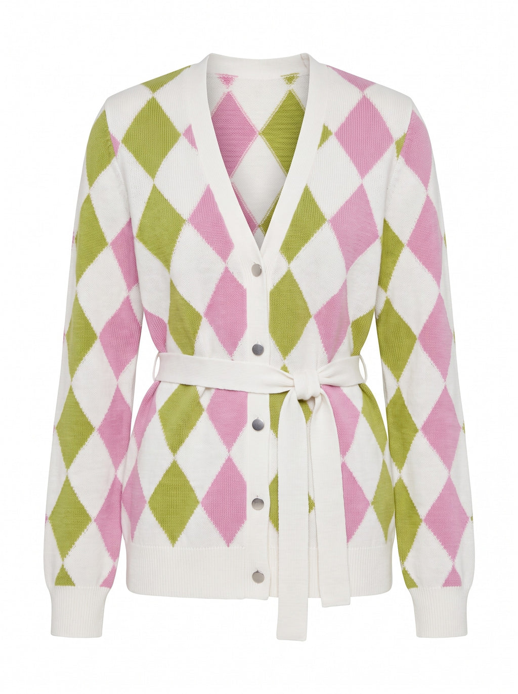 Cotton Cashmere Argyle Belted Cardigan, front view