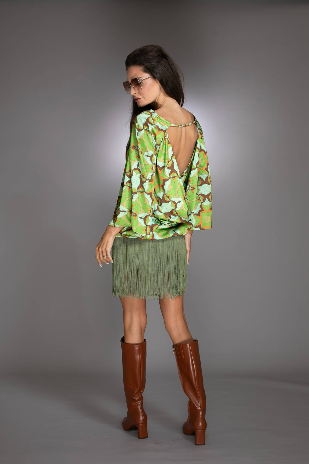 Green Abstract Print Fringe Dress