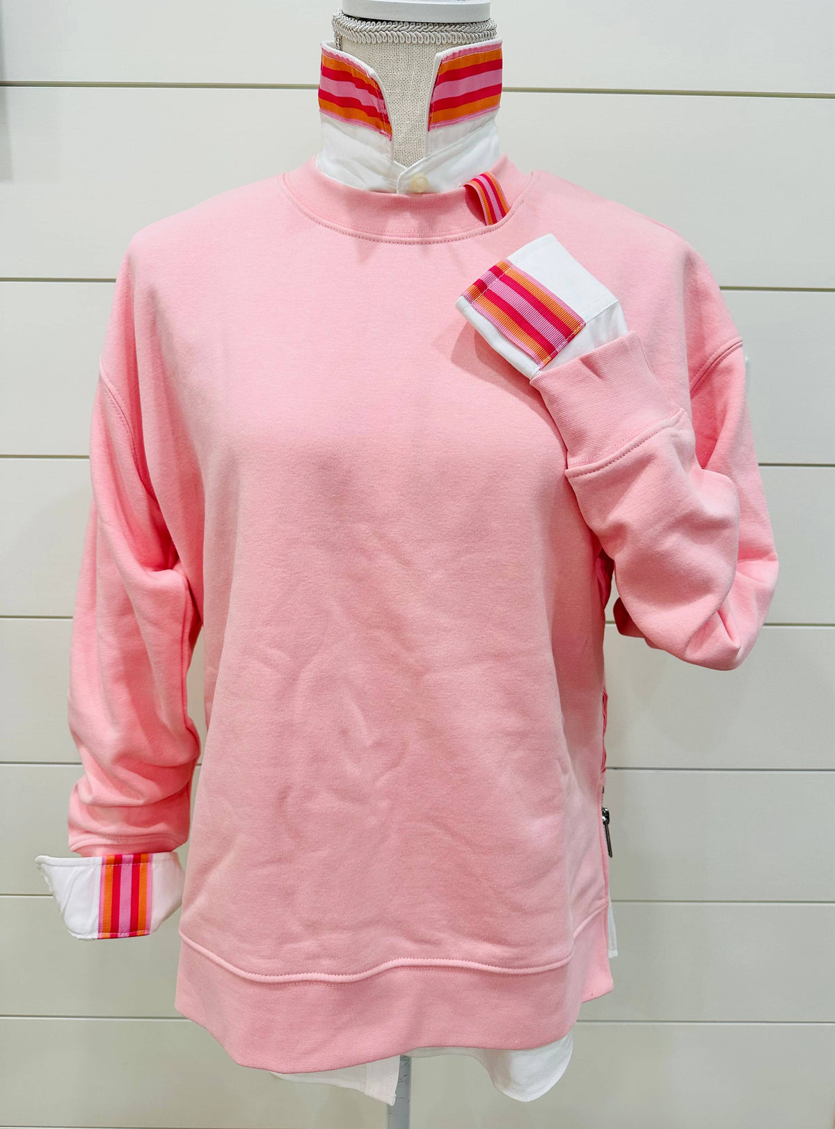 White Oxford w/Pink & Orange Stripe Ribbon
