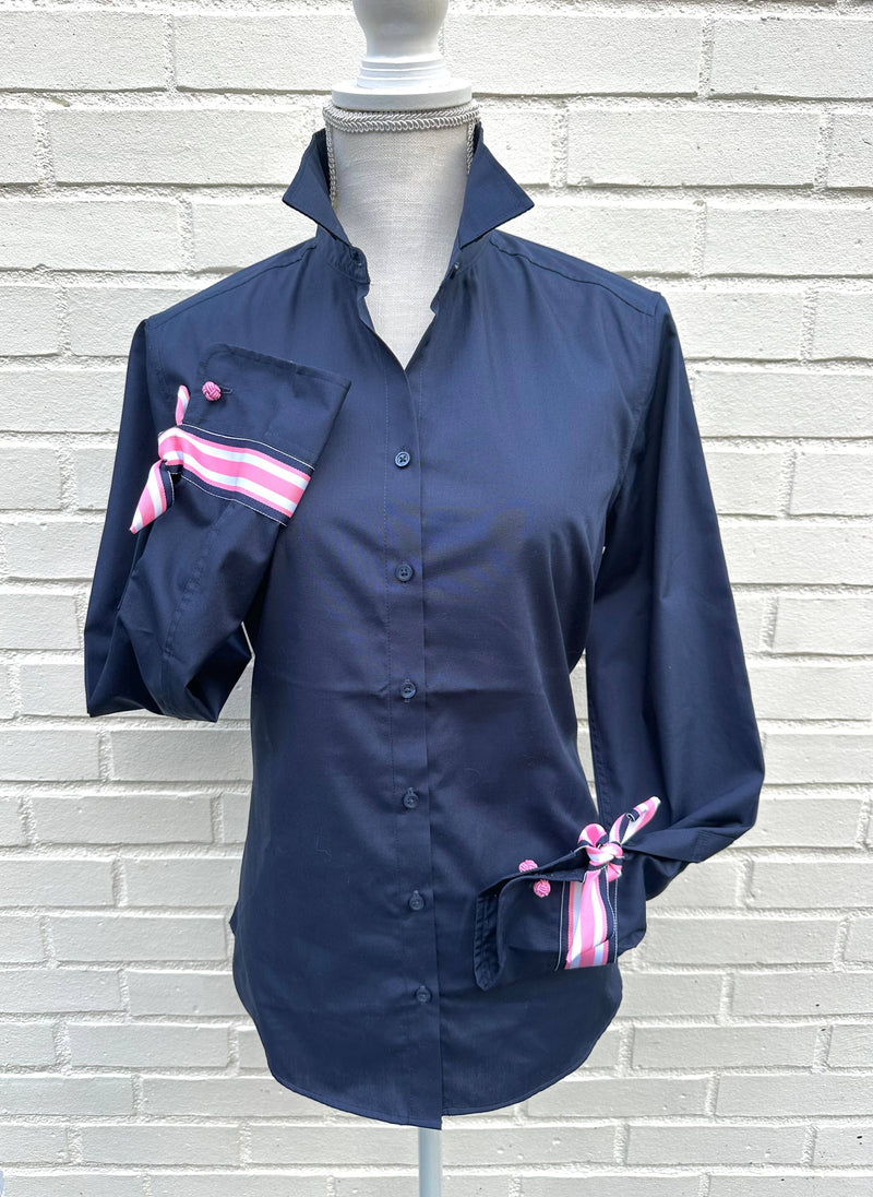 Audrey Ribbon FC - Navy w Navy & Pink Stripe Ribbon