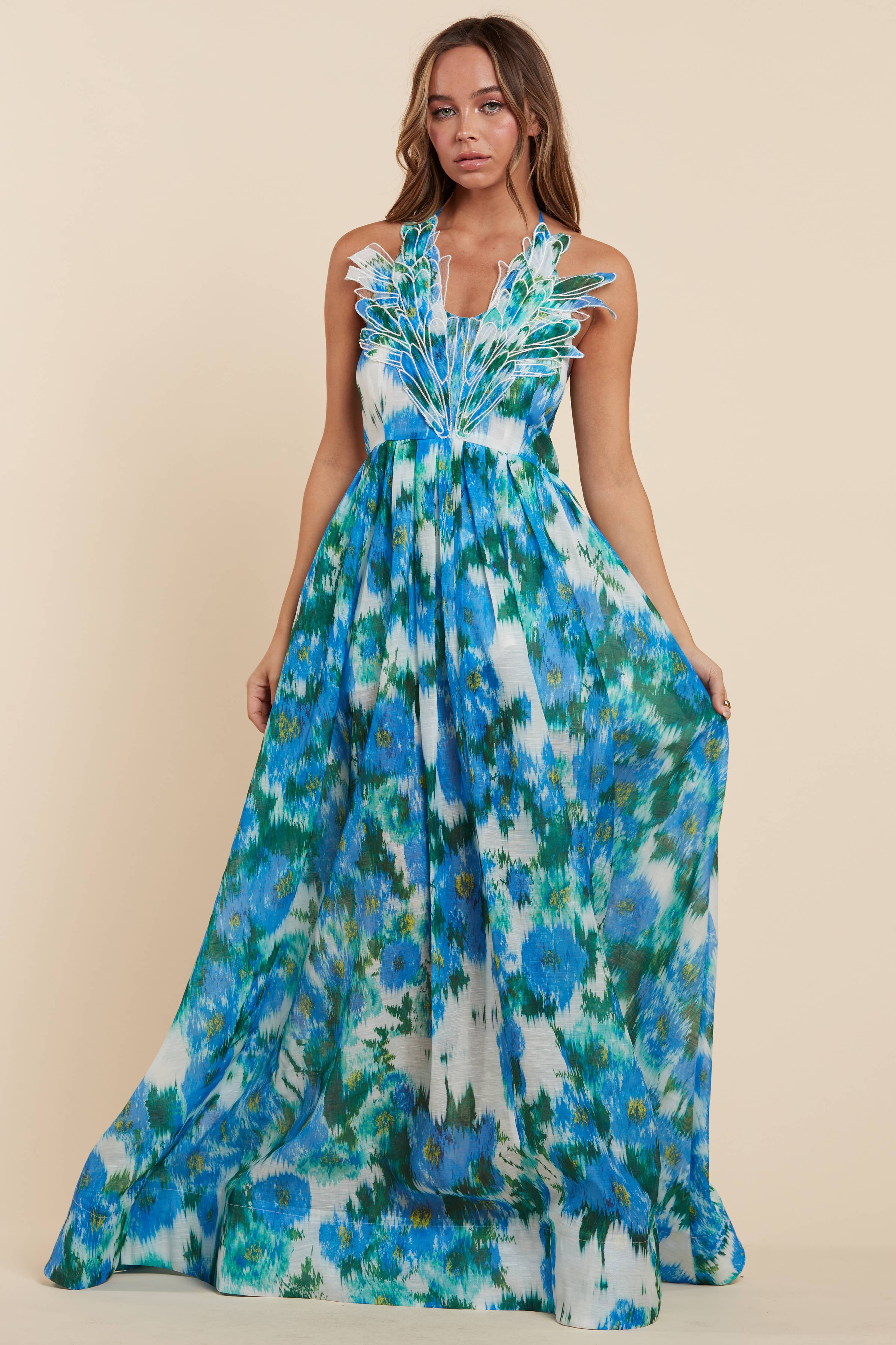 Peacock Elegance Tie-Dye Maxi Dress