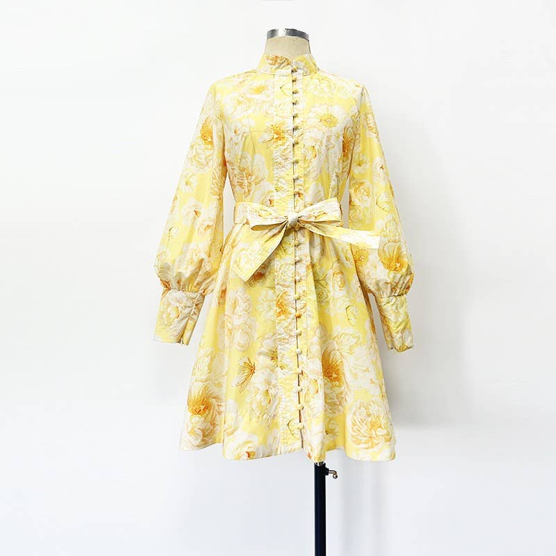 Graceful Floral Print Lantern Sleeve Belted Dress