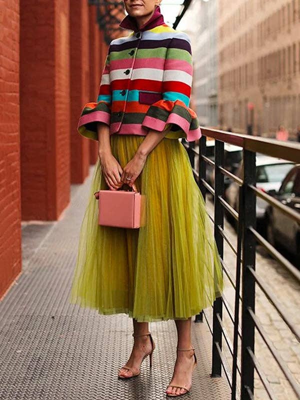 Puff Sleeve Striped Lapel Blouse – Multi-Colored