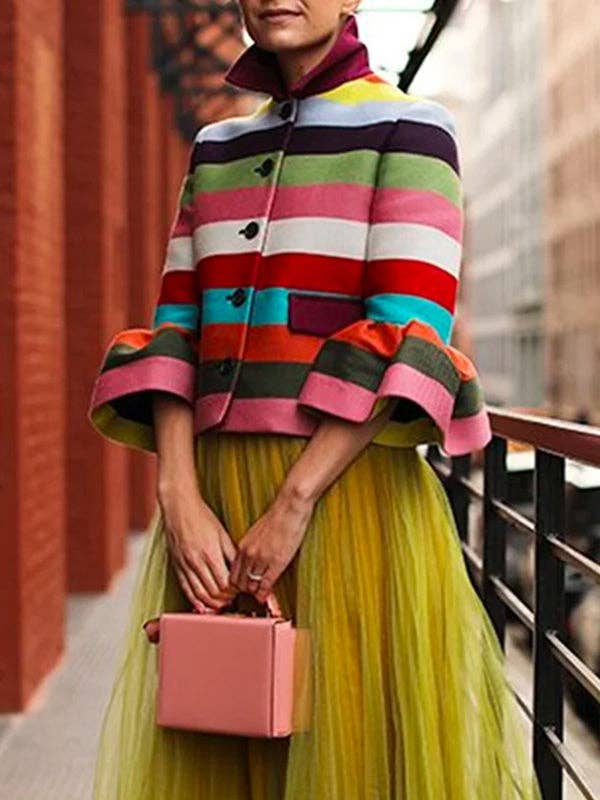 Puff Sleeve Striped Lapel Blouse – Multi-Colored