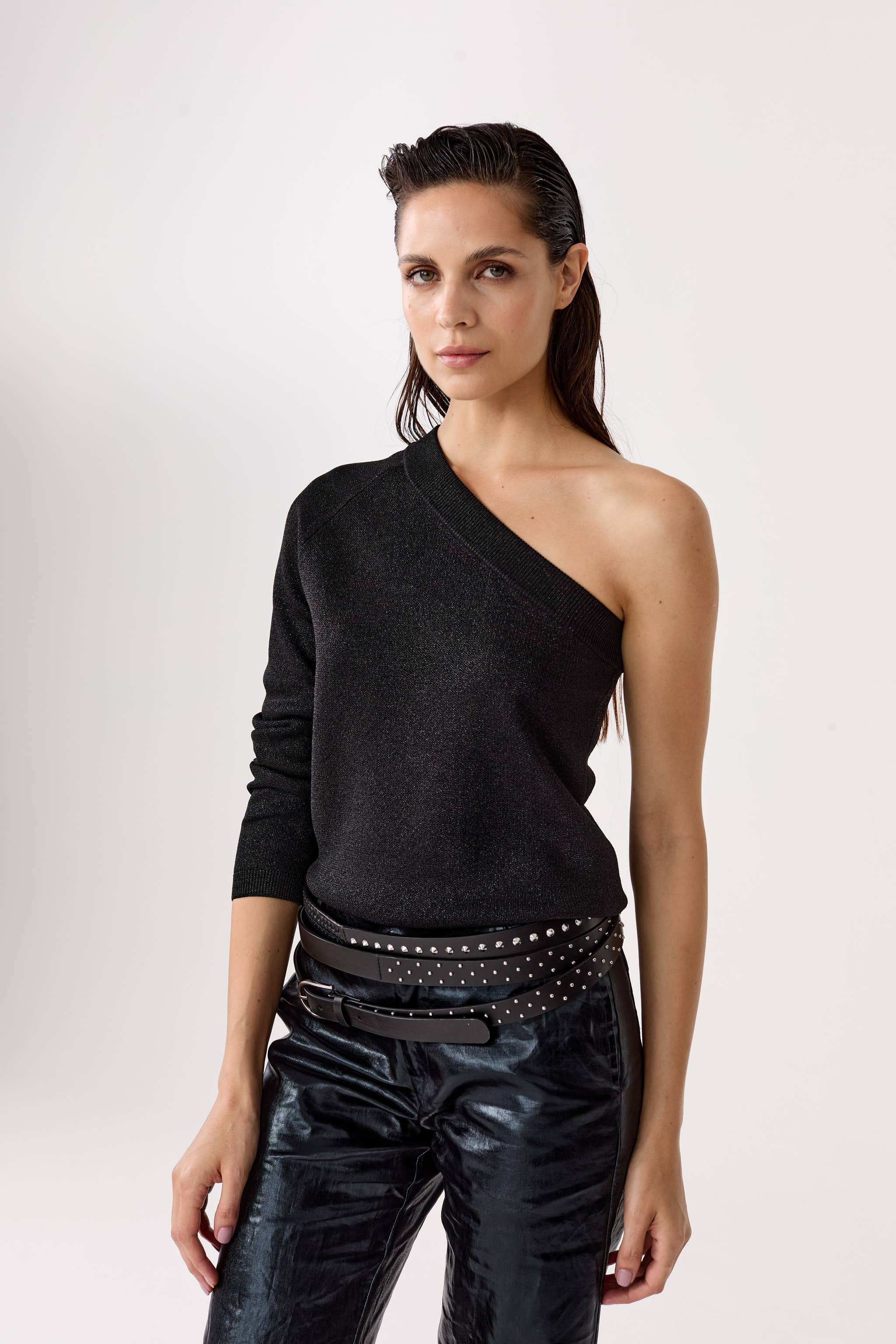 One Shoulder Glitter Knitted Top - Black