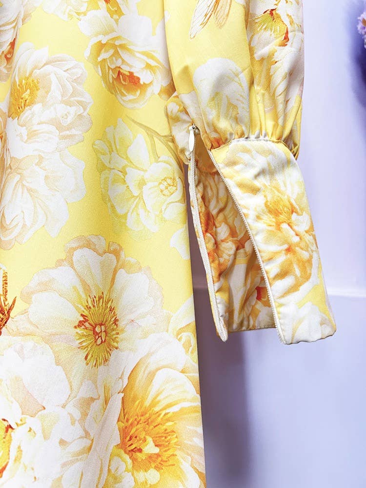 Graceful Floral Print Lantern Sleeve Belted Dress