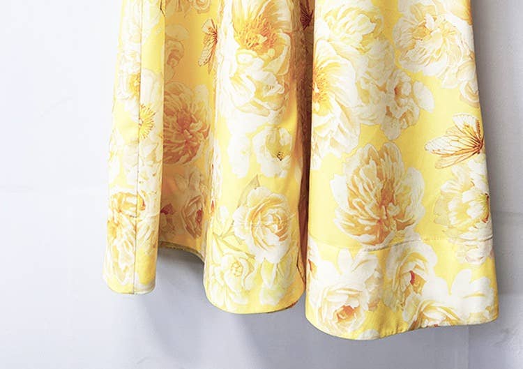 Graceful Floral Print Lantern Sleeve Belted Dress