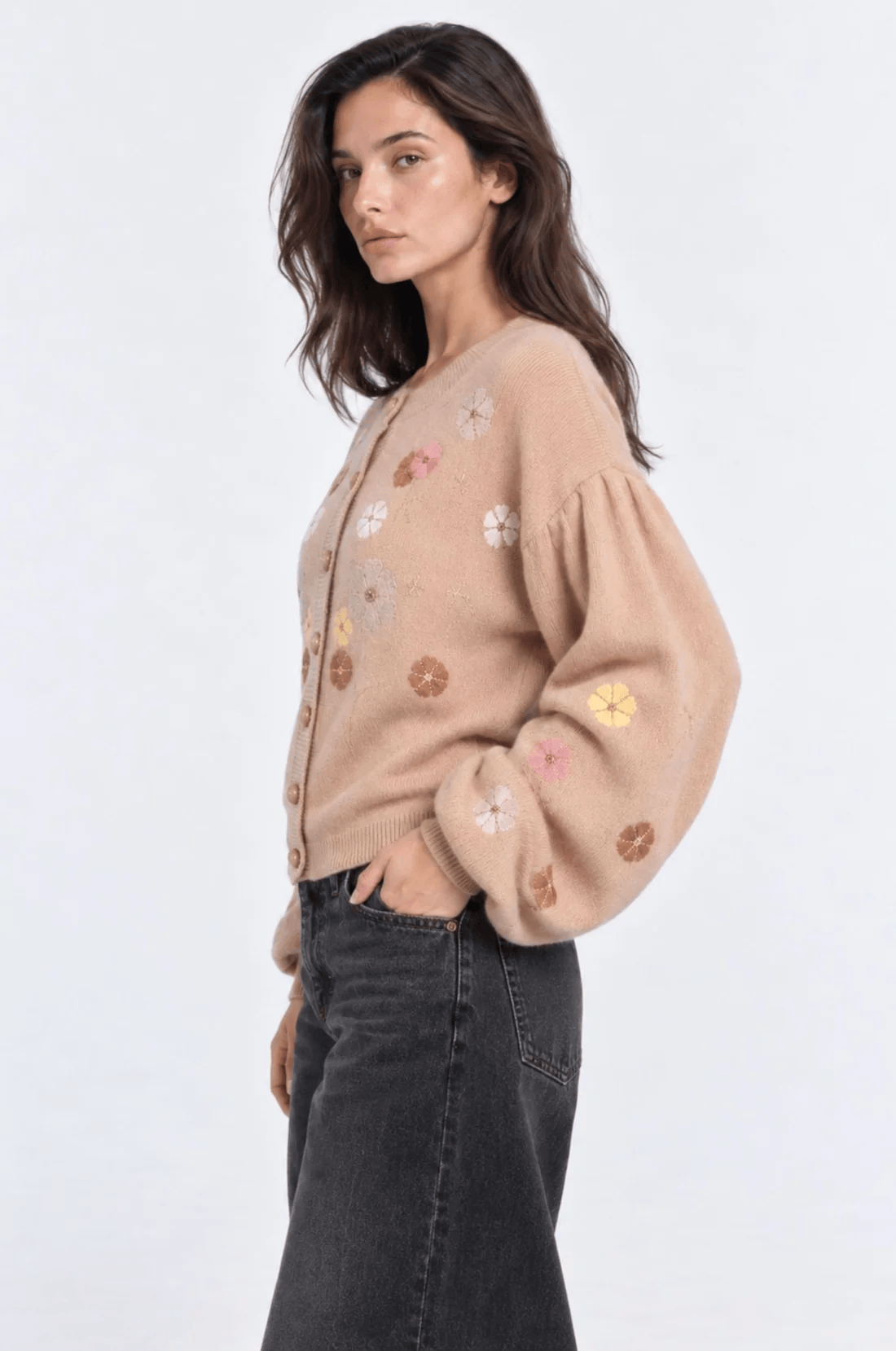 LS BALLOON CREW NK CARDIGAN W/EMBELLISHMENT