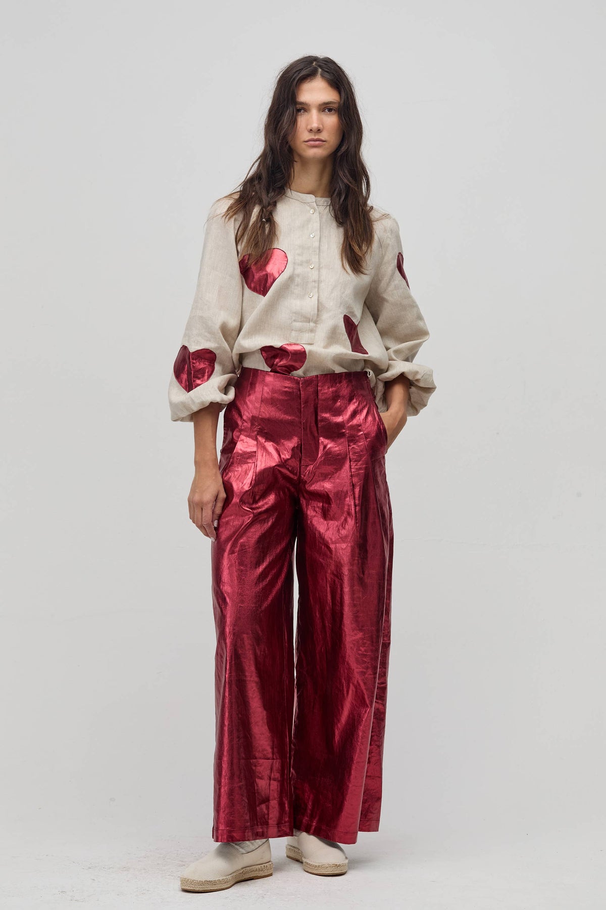 Culotte Metallic Linen Pant - Cherry Red