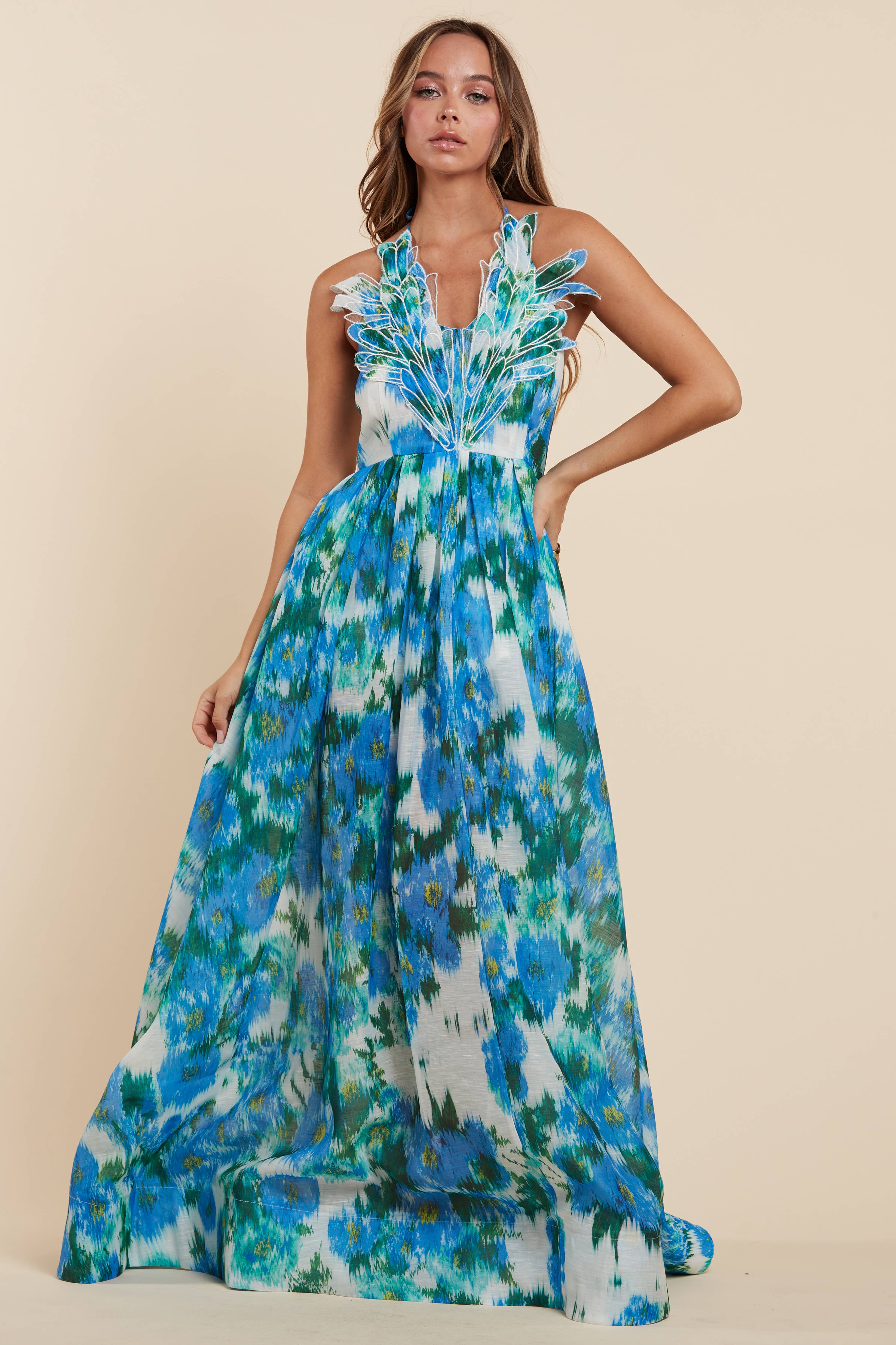 Peacock Elegance Tie-Dye Maxi Dress