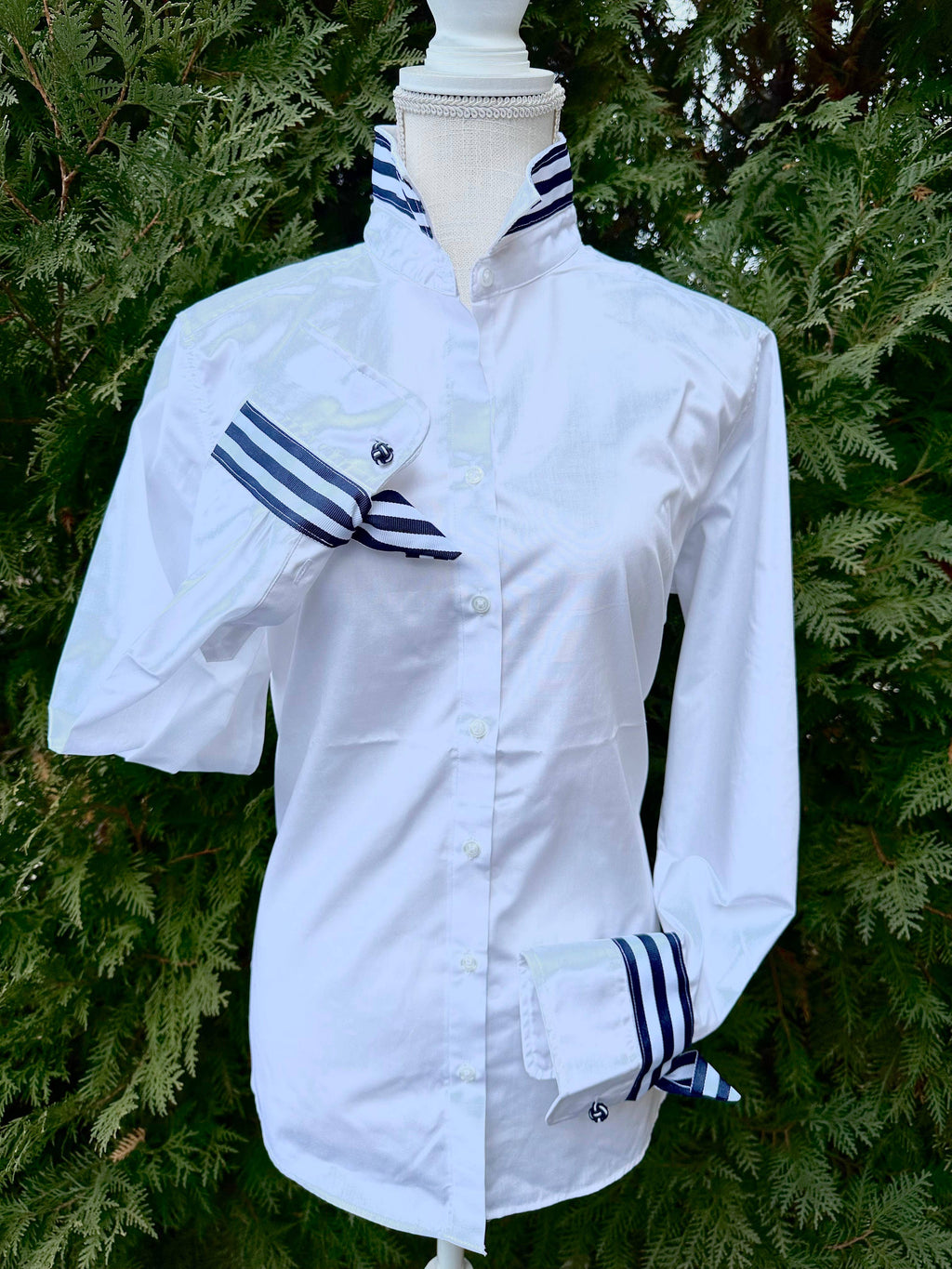 Audrey Ribbon White w Navy White Stripe Ribbon
