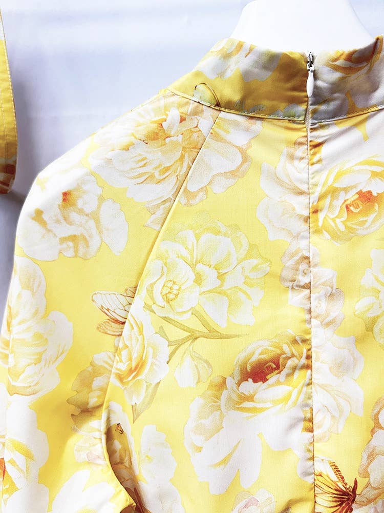 Graceful Floral Print Lantern Sleeve Belted Dress