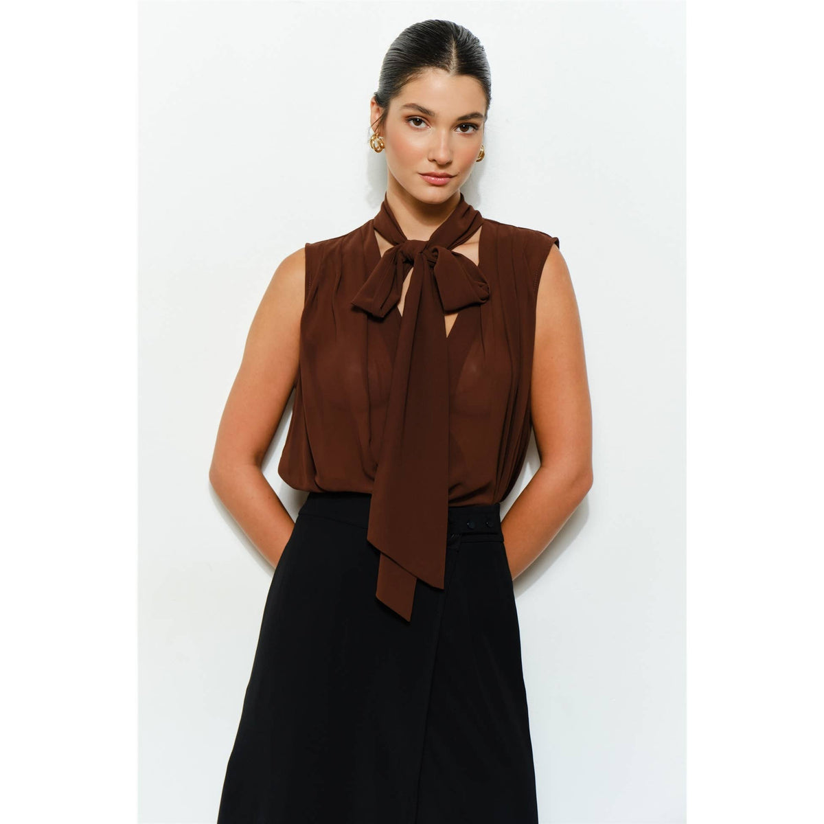 Tie-Neck Chiffon Sleeveless Blouse