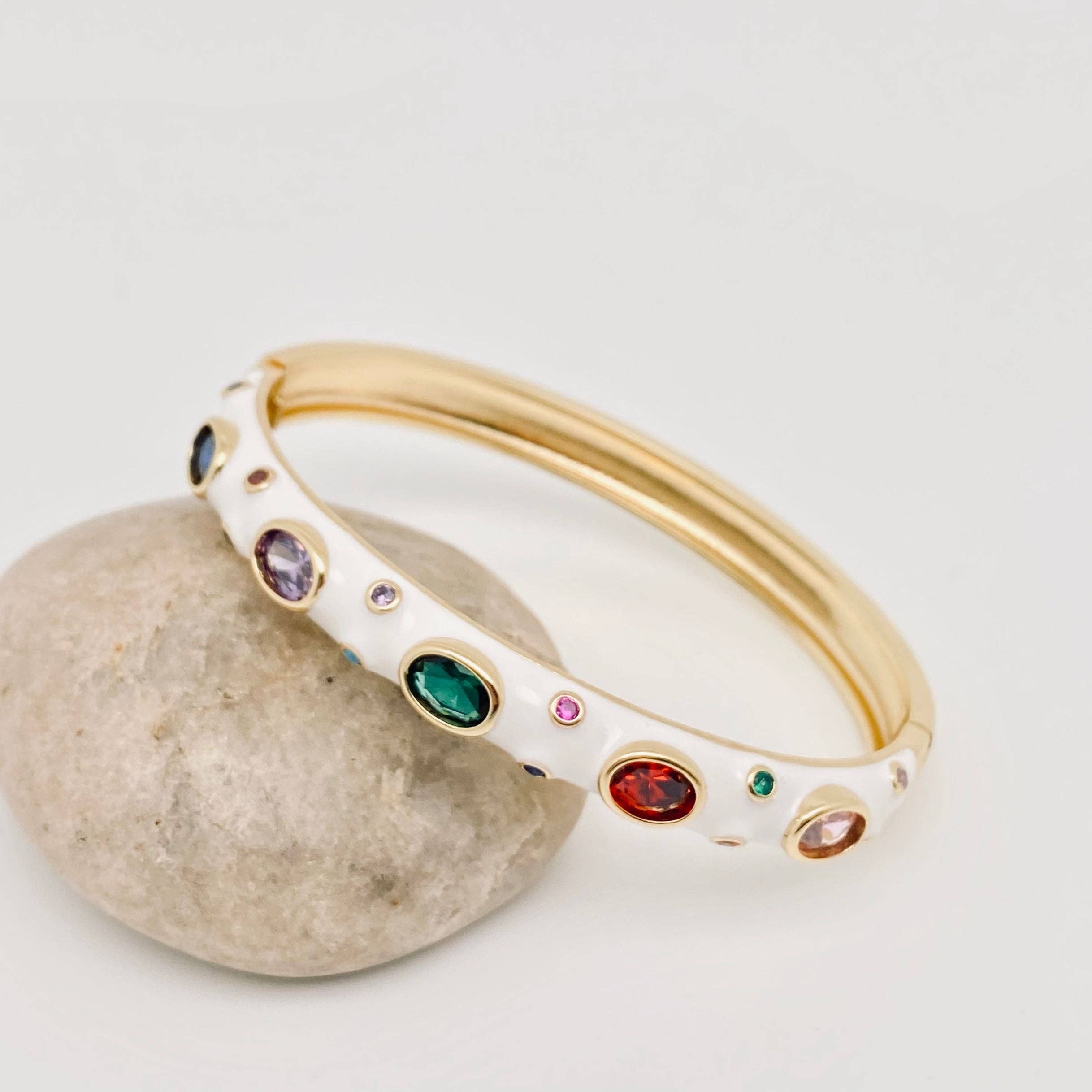 Inlaid Cubic Zirconia Gold Plated 8MM Enamel Bangle