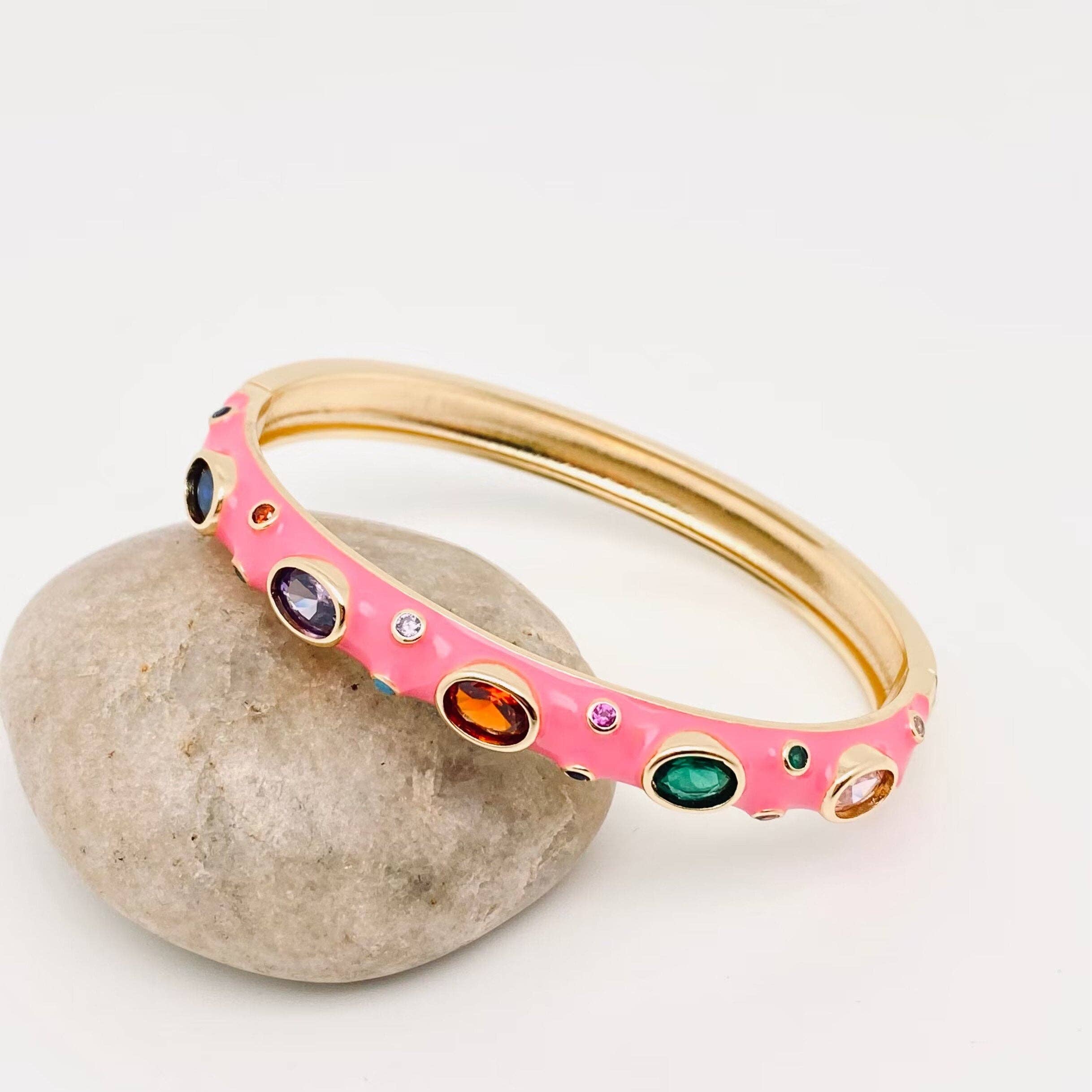 Inlaid Cubic Zirconia Gold Plated 8MM Enamel Bangle