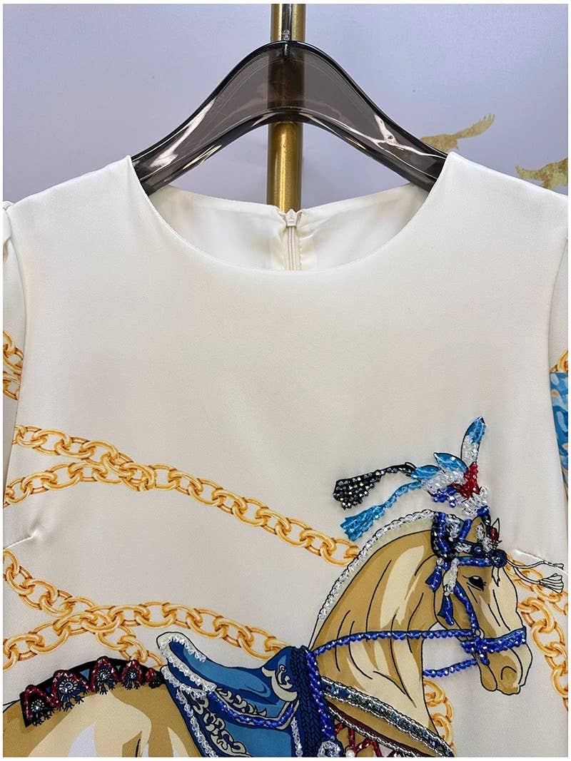 Beaded A Line Printed Dress