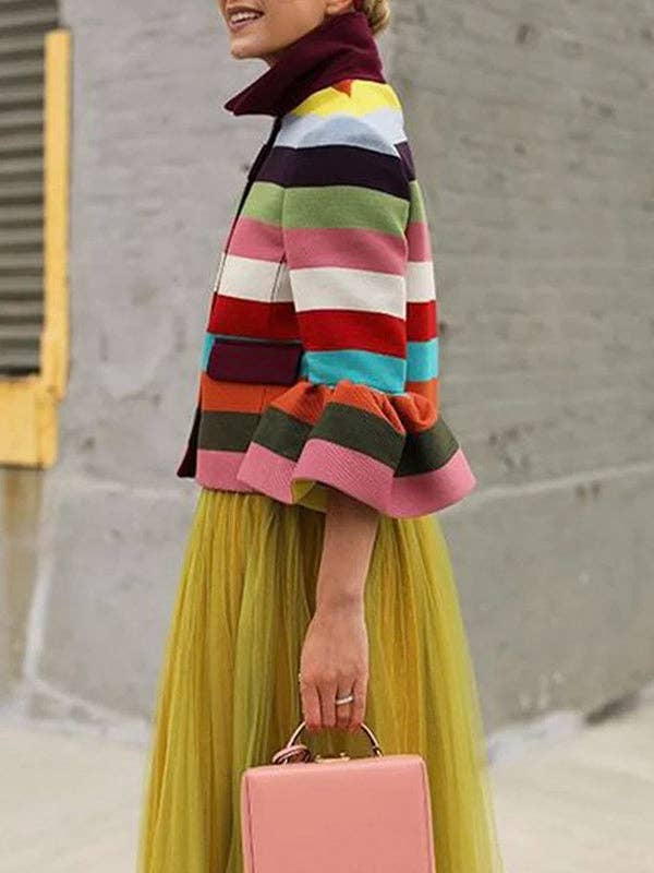 Puff Sleeve Striped Lapel Blouse – Multi-Colored