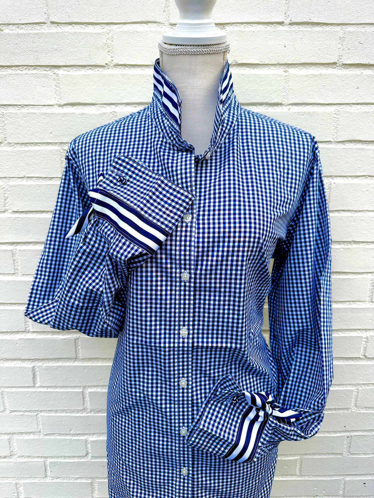 Audrey Ribbon Nvy Gingham w/Navy & White Stripe Ribbon