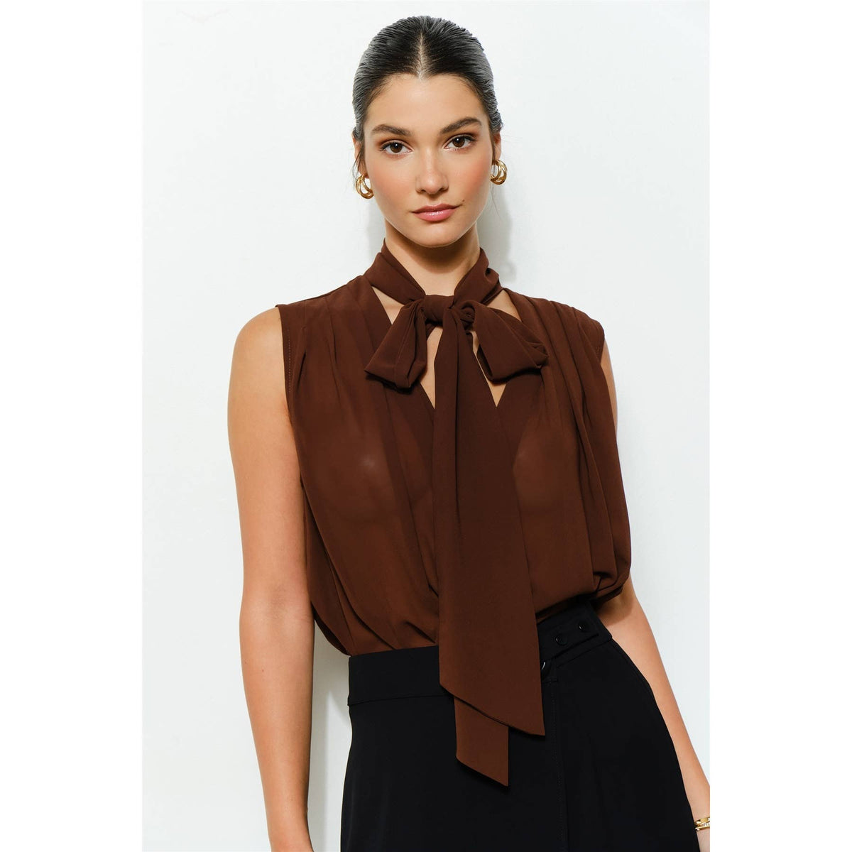Tie-Neck Chiffon Sleeveless Blouse