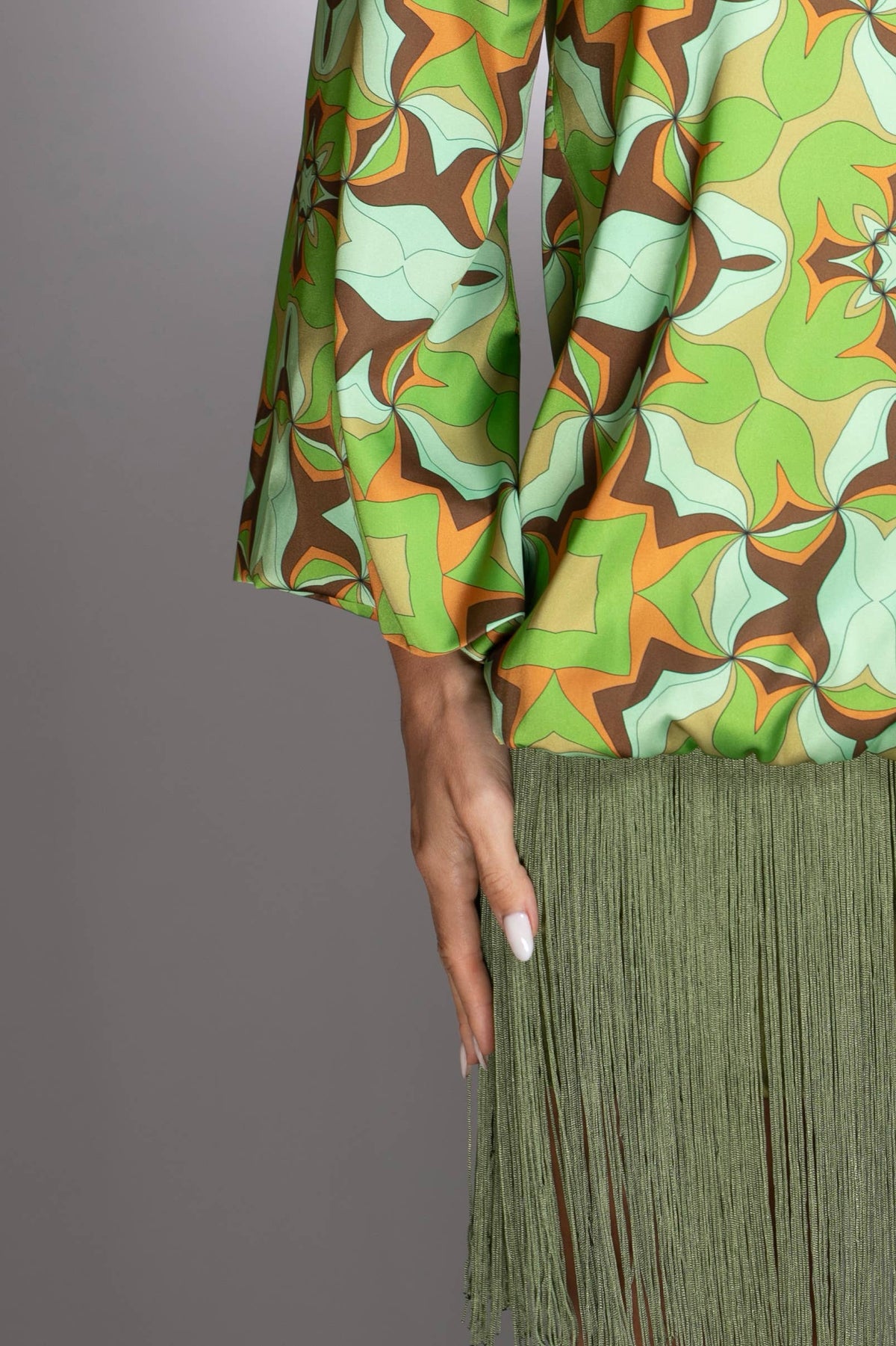 Green Abstract Print Fringe Dress