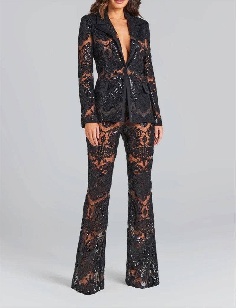 Lace Embroidered Sequin Blazer & Trouser Suit