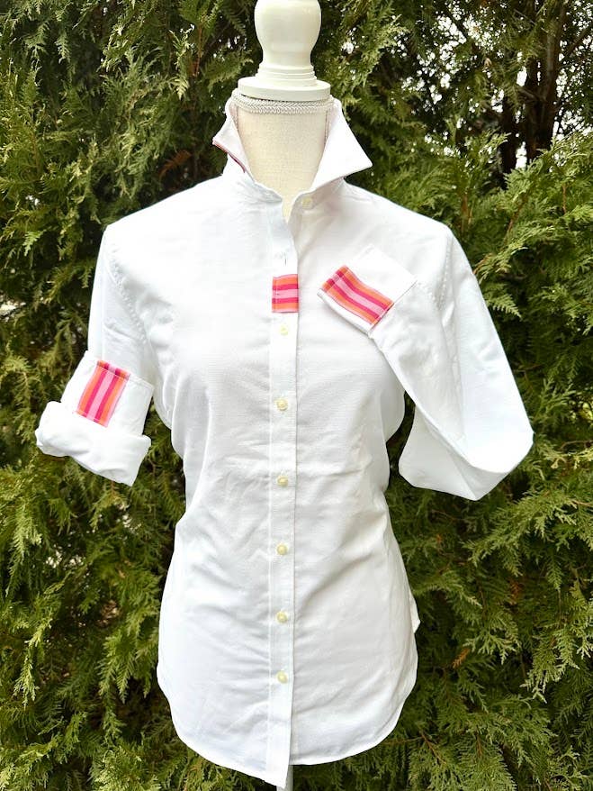 White Oxford w/Pink & Orange Stripe Ribbon