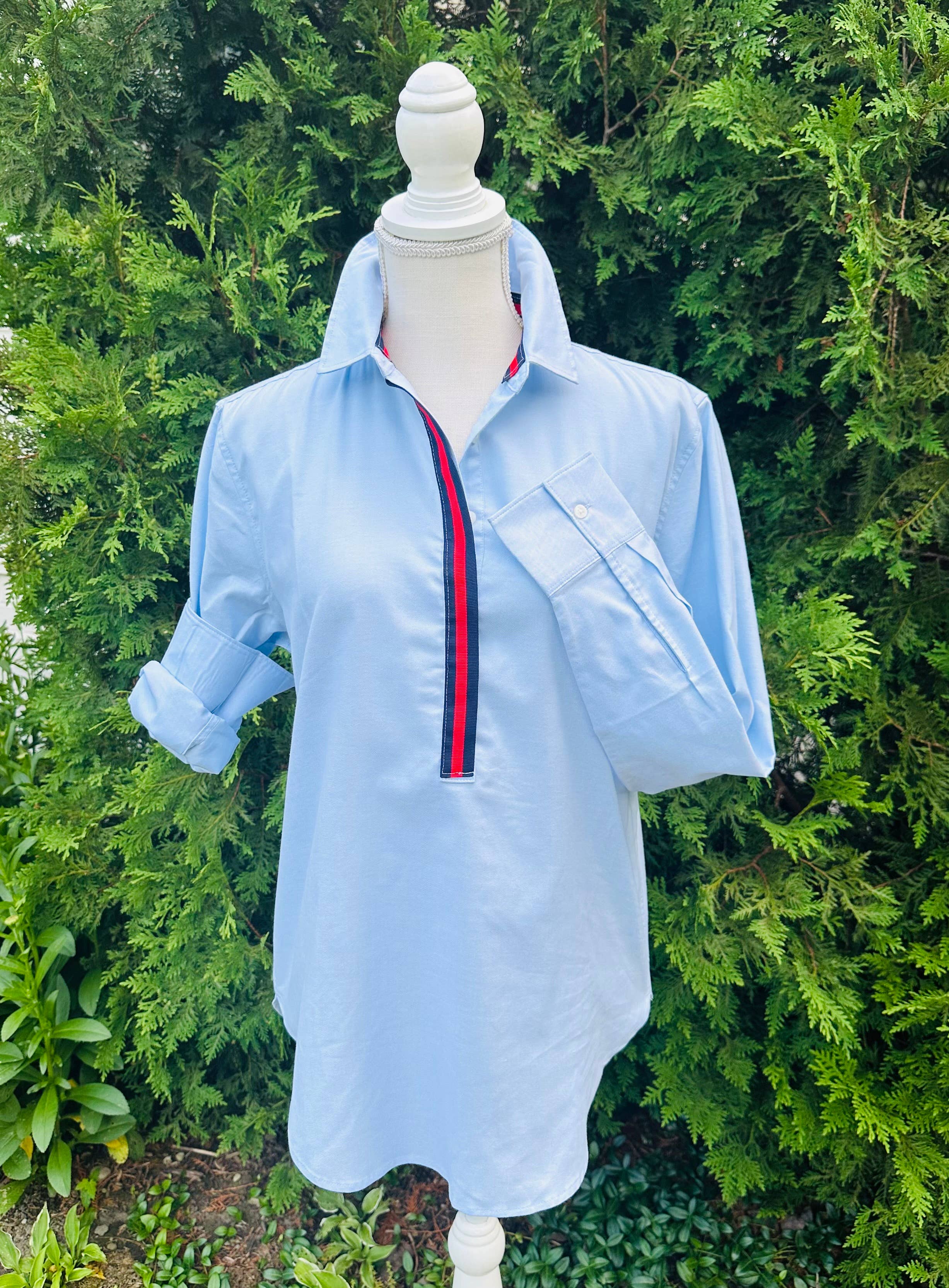 Dorothy  2 Ribbon Tunic - Blue w Navy & Red Ribbon