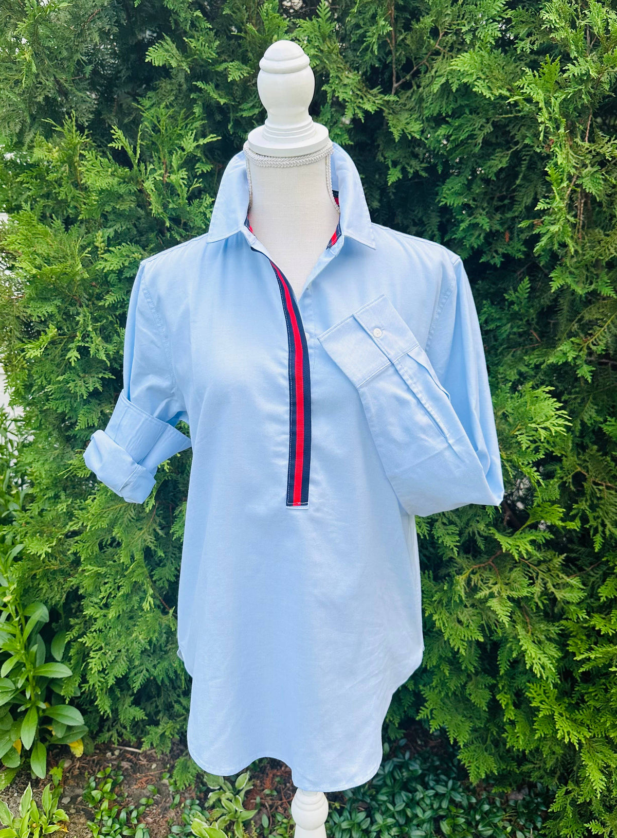 Dorothy  2 Ribbon Tunic - Blue w Navy & Red Ribbon