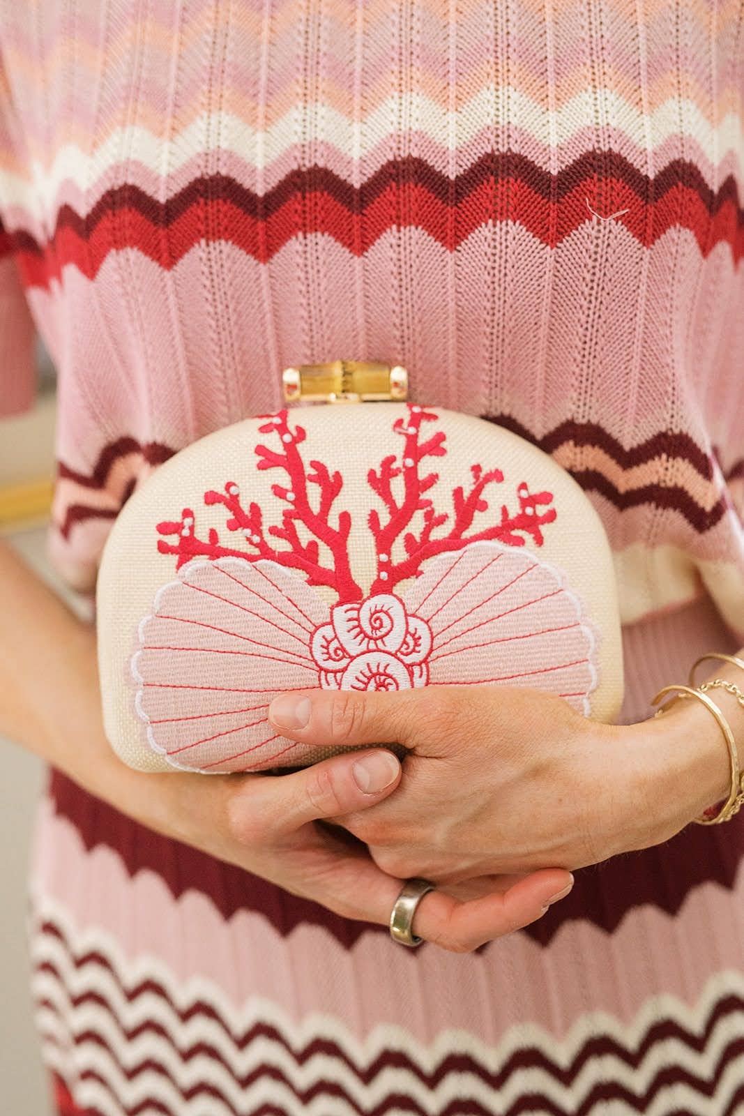 Coral and Shell Clutch- Embroidered