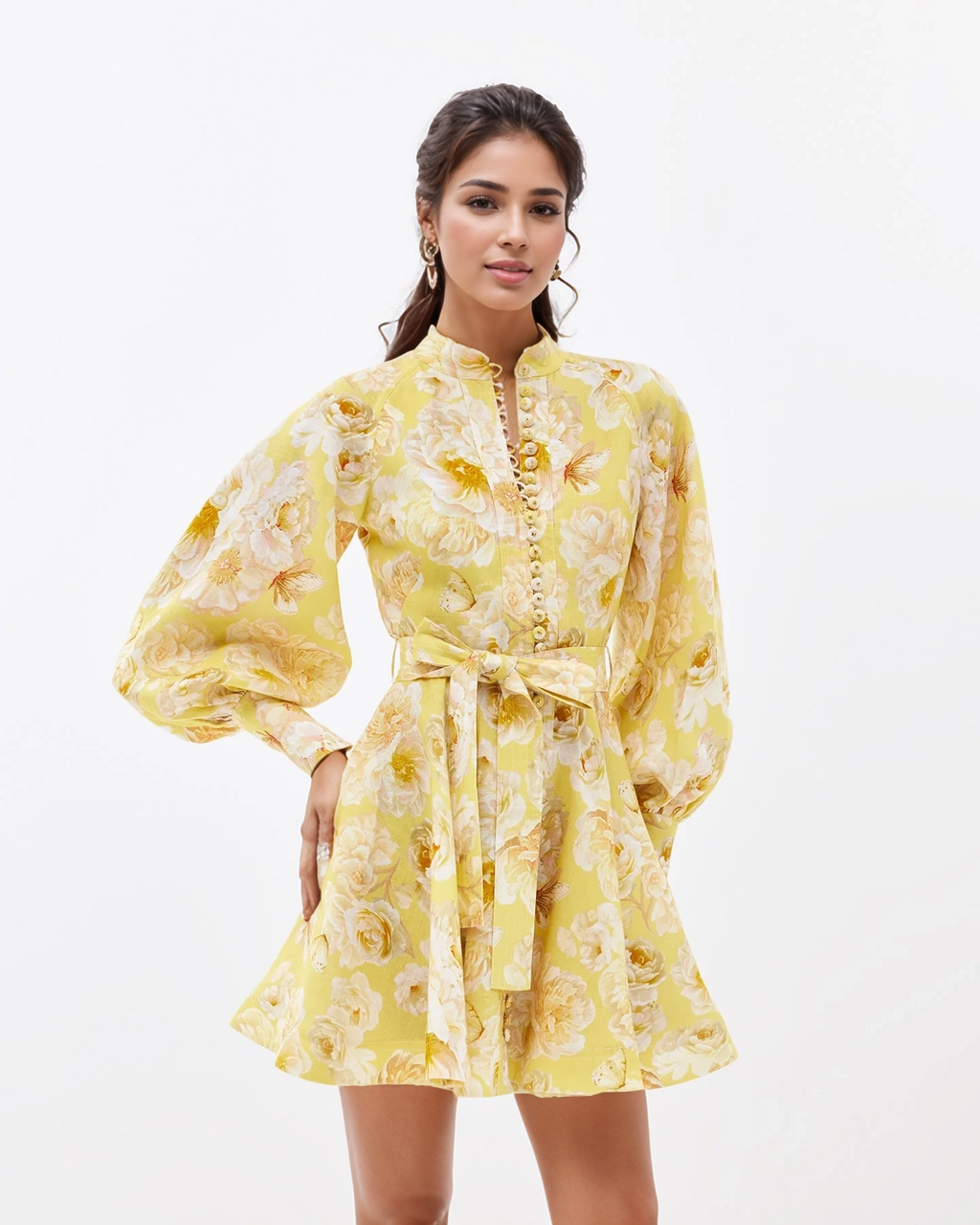 Graceful Floral Print Lantern Sleeve Belted Dress