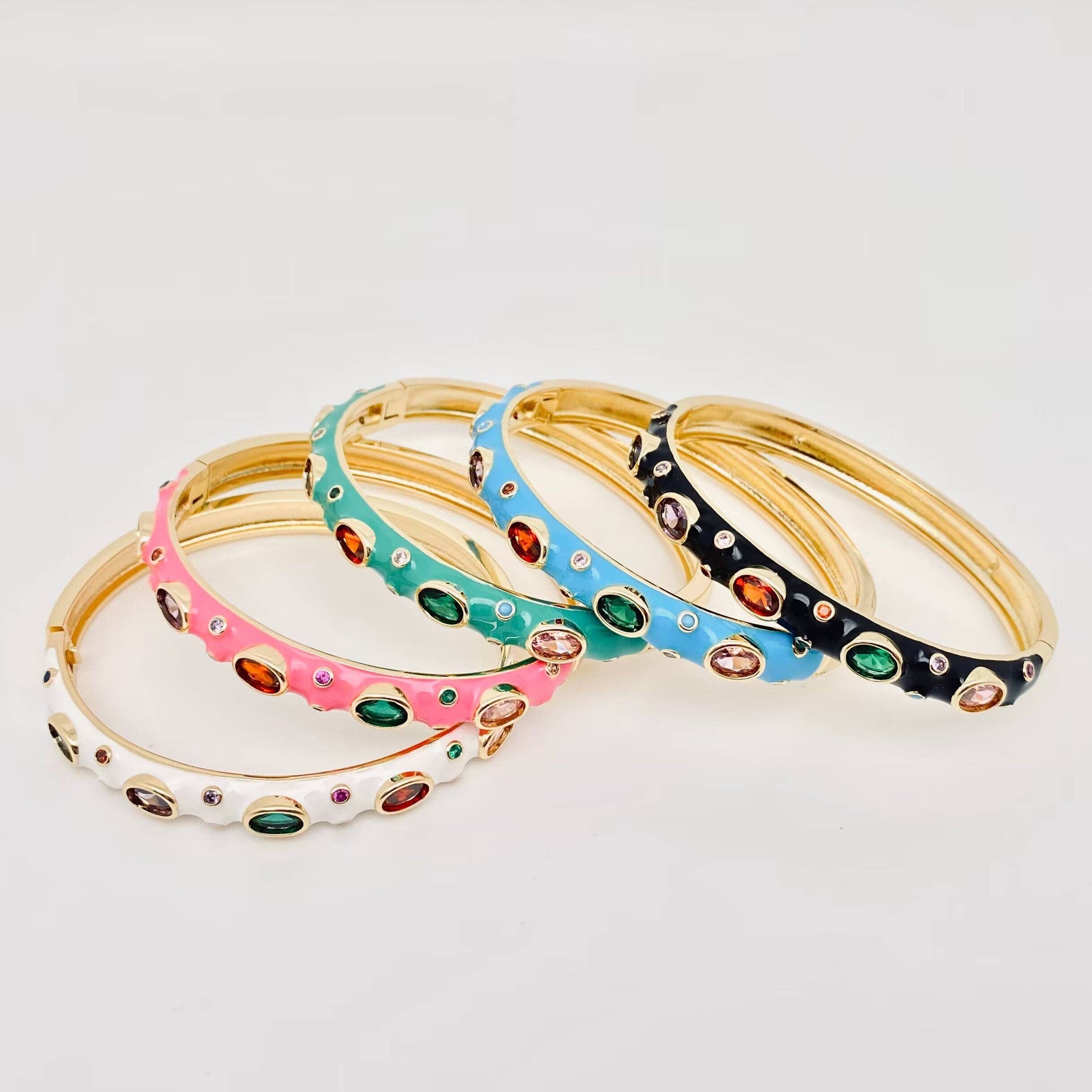 Inlaid Cubic Zirconia Gold Plated 8MM Enamel Bangle