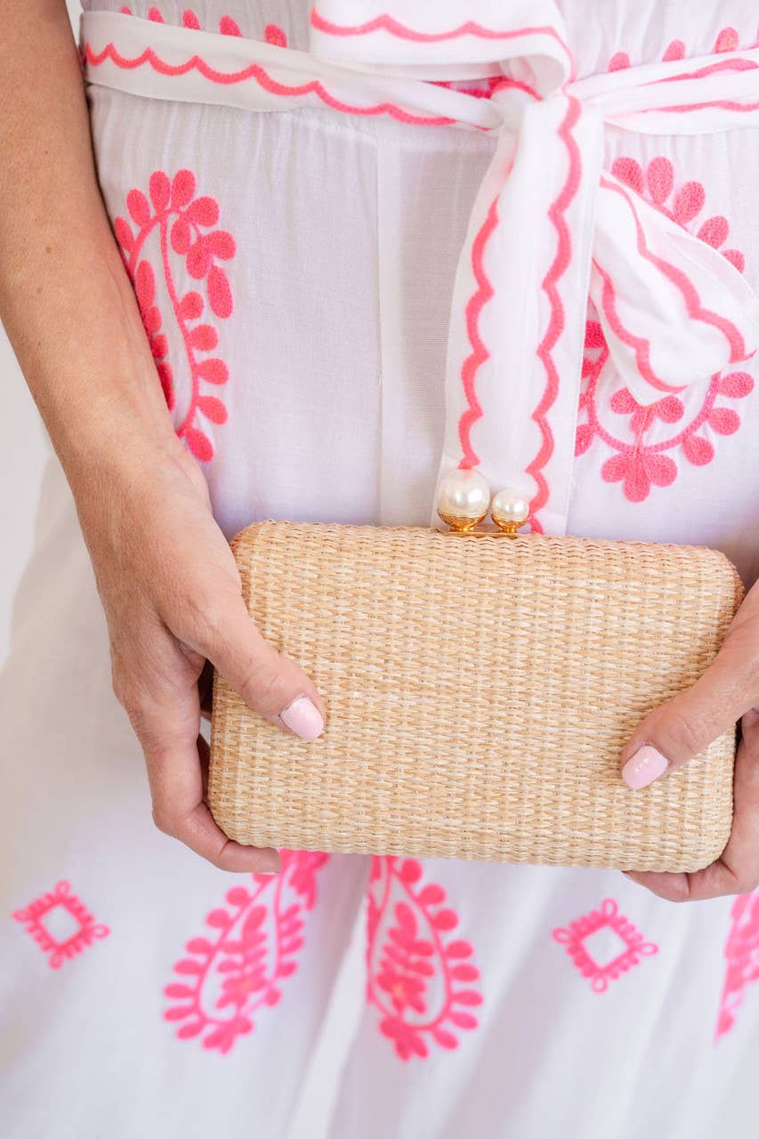 Mimi Pearl Top Straw Clutch