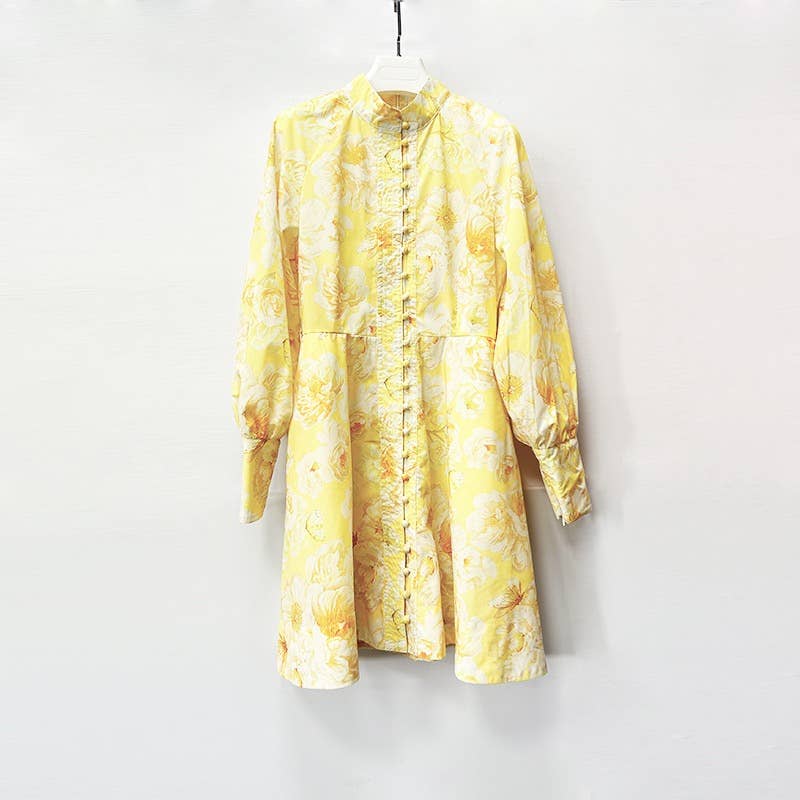 Graceful Floral Print Lantern Sleeve Belted Dress