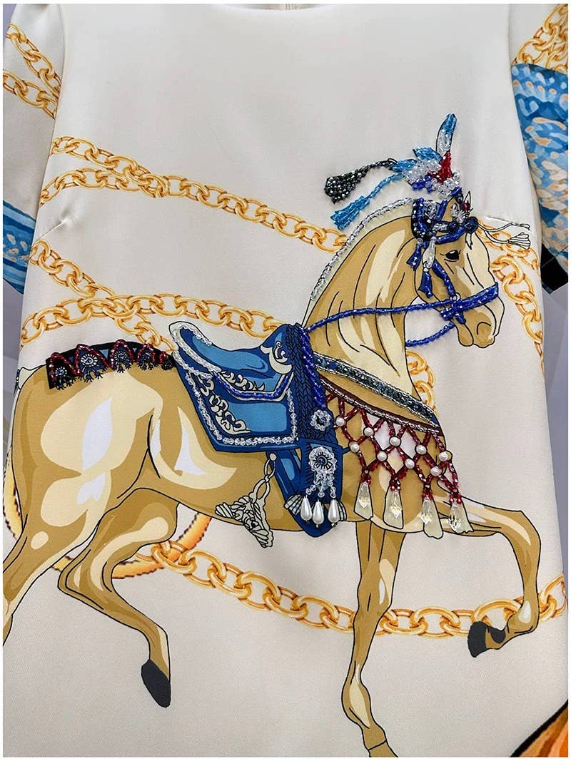Beaded A Line Printed Dress